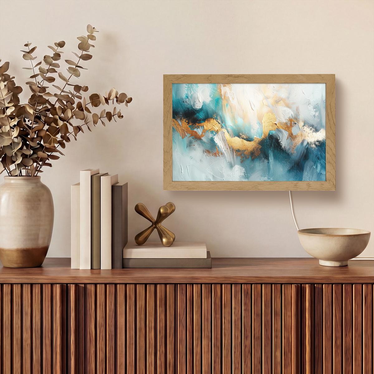 WANDLEUCHTE Abstrakt - Kunst - Gold - Blau 30x20 cm - Türkis, Holzwerkstoff (30/20/8cm) - OnlyWow