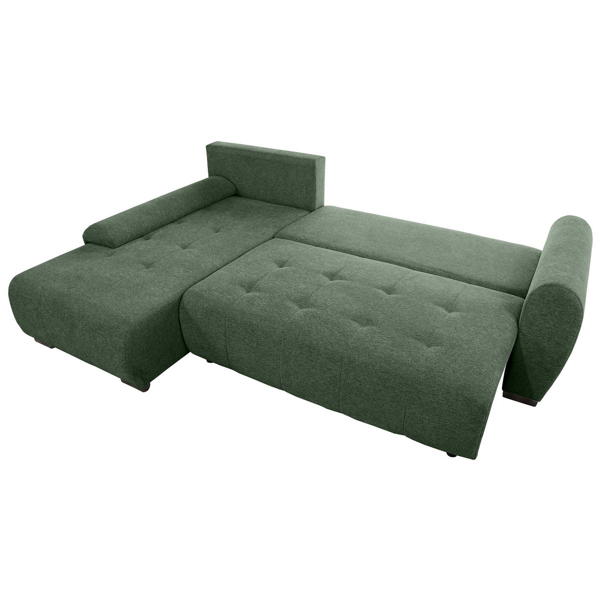 ECKSCHLAFSOFA Dallas mit Bettkasten, 255 cm, Flaschengrün, links, Velour-Stoff - Grün, Textil (255/175cm) - Beautysofa