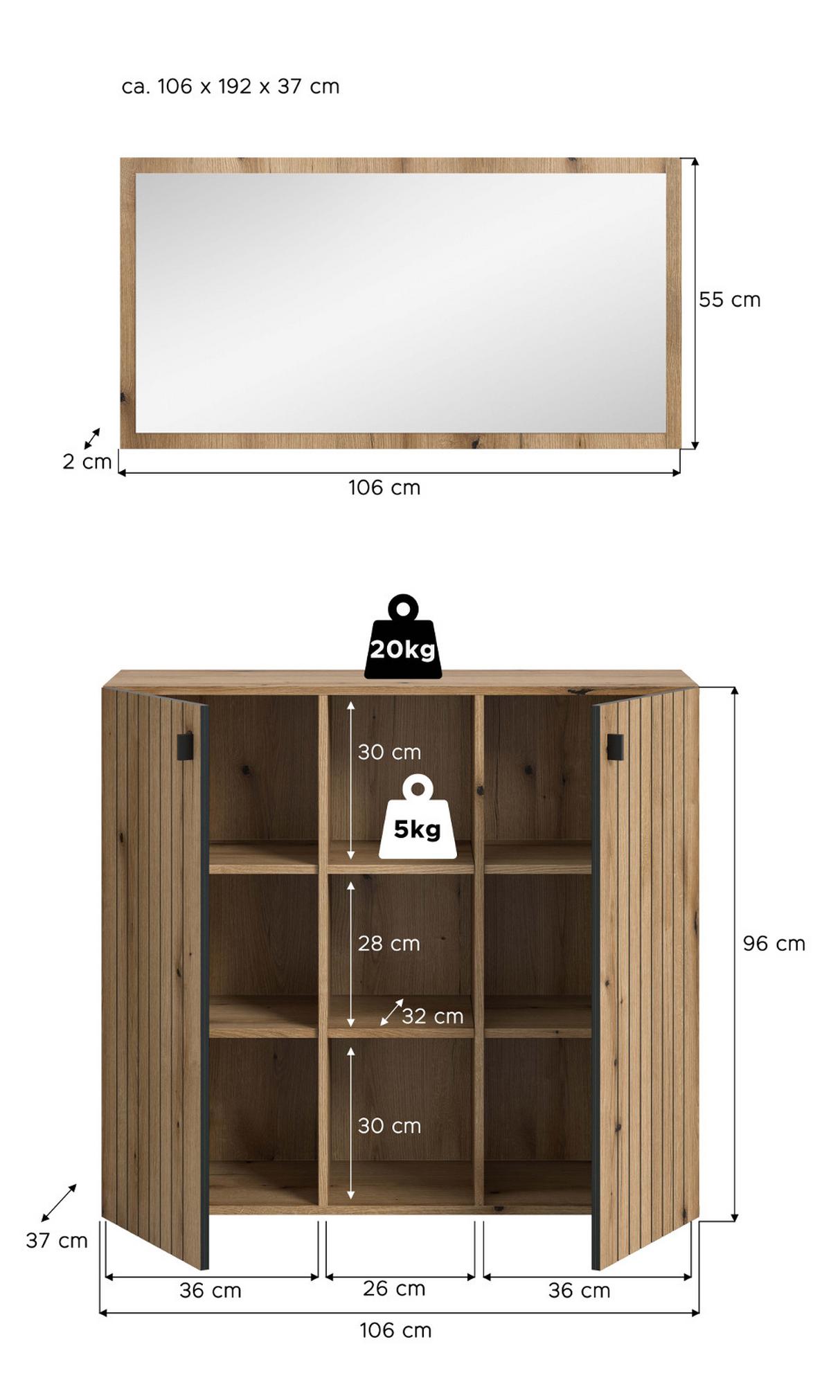 GARDEROBEN-SET Evoke Eiche 2-teilig 106 cm, Kombination mit Spiegel - Schwarz/Eiche Artisan, Glas/Holzwerkstoff (106/192/37cm) - Inn.Furn