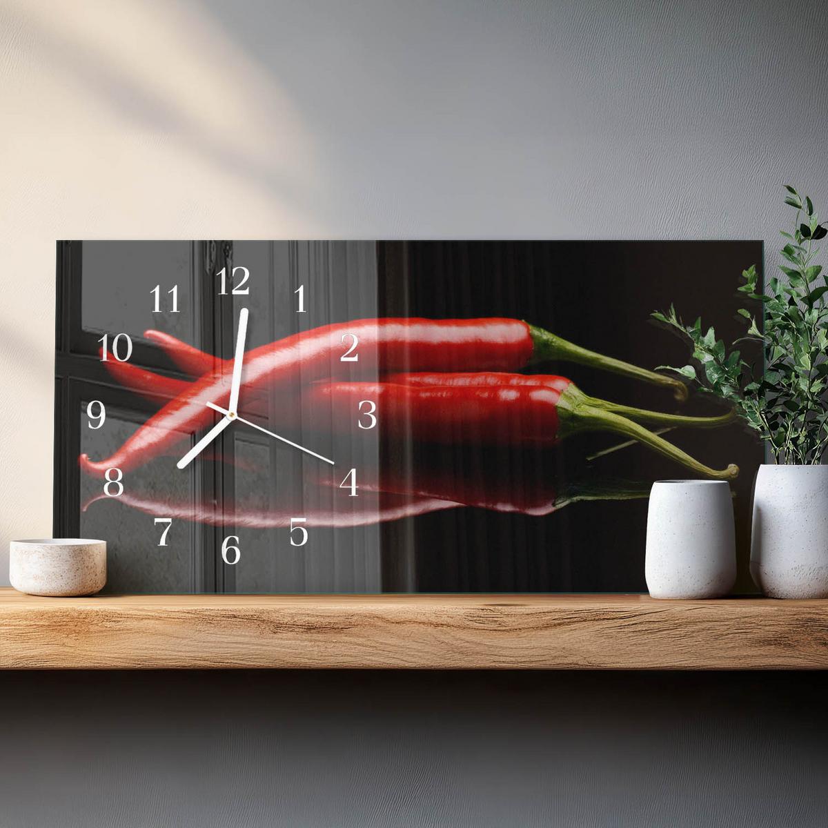WANDUHR aus Glas 60x30 cm - Chilischoten - Schwarz, Glas (60/30/0.4cm) - TULUP