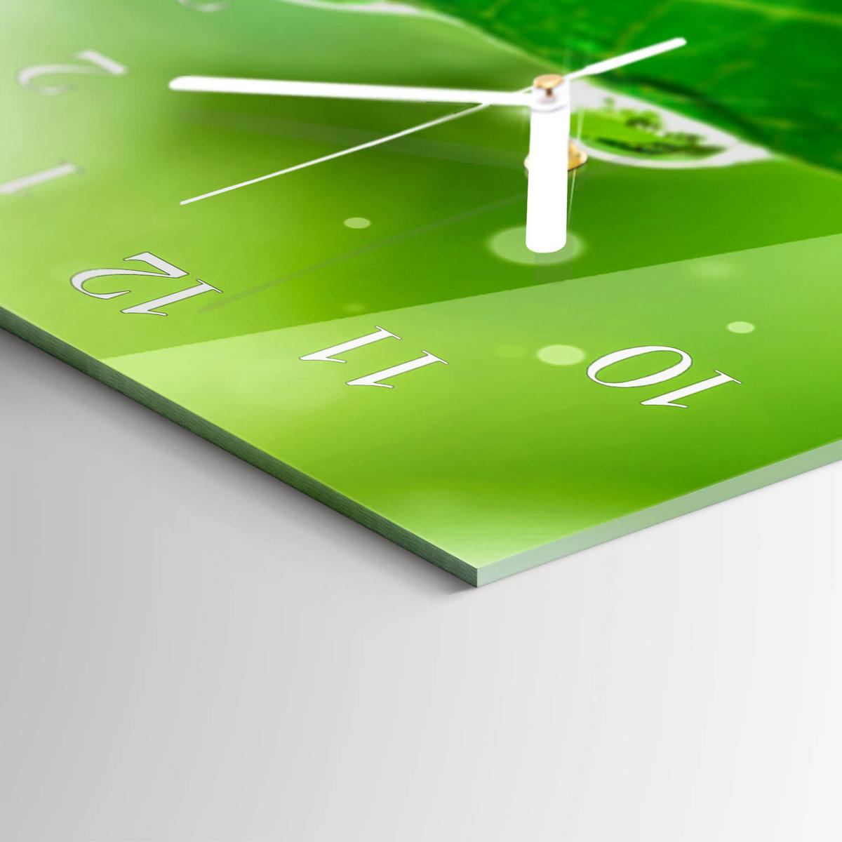 WANDUHR aus Glas 60x30 cm - Tau auf einem Blatt - Grün, Glas (60/30/0.4cm) - TULUP