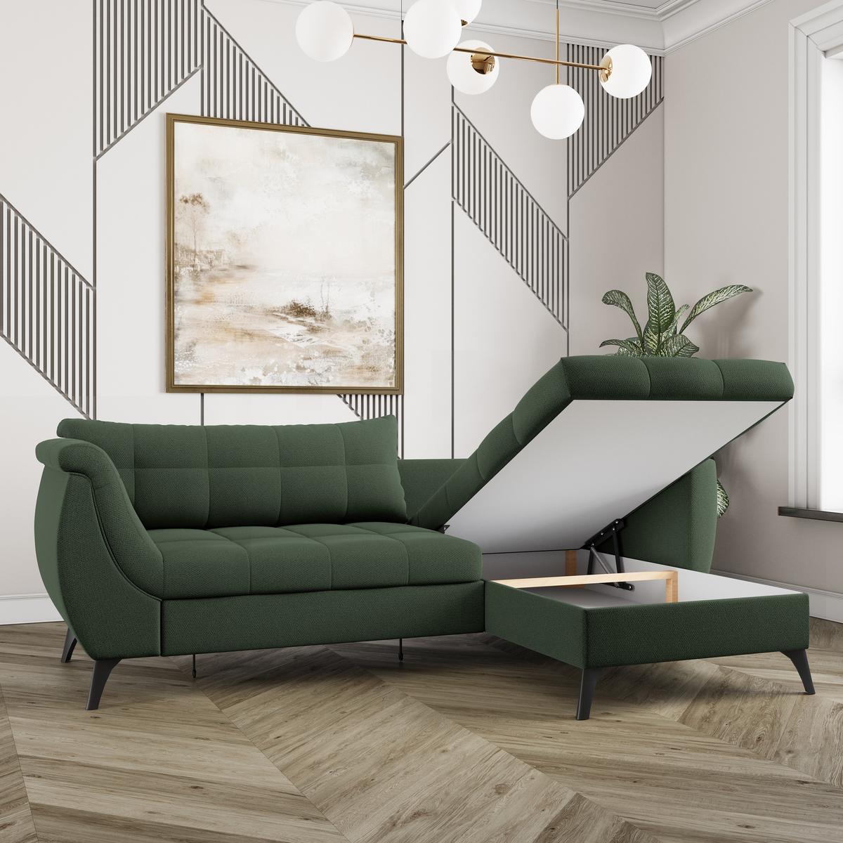 ECKSOFA MOLLIS Grün Geflochtener-Stoff mit Schlaffunktion - Grün, Holz (241/154cm) - MASSENO