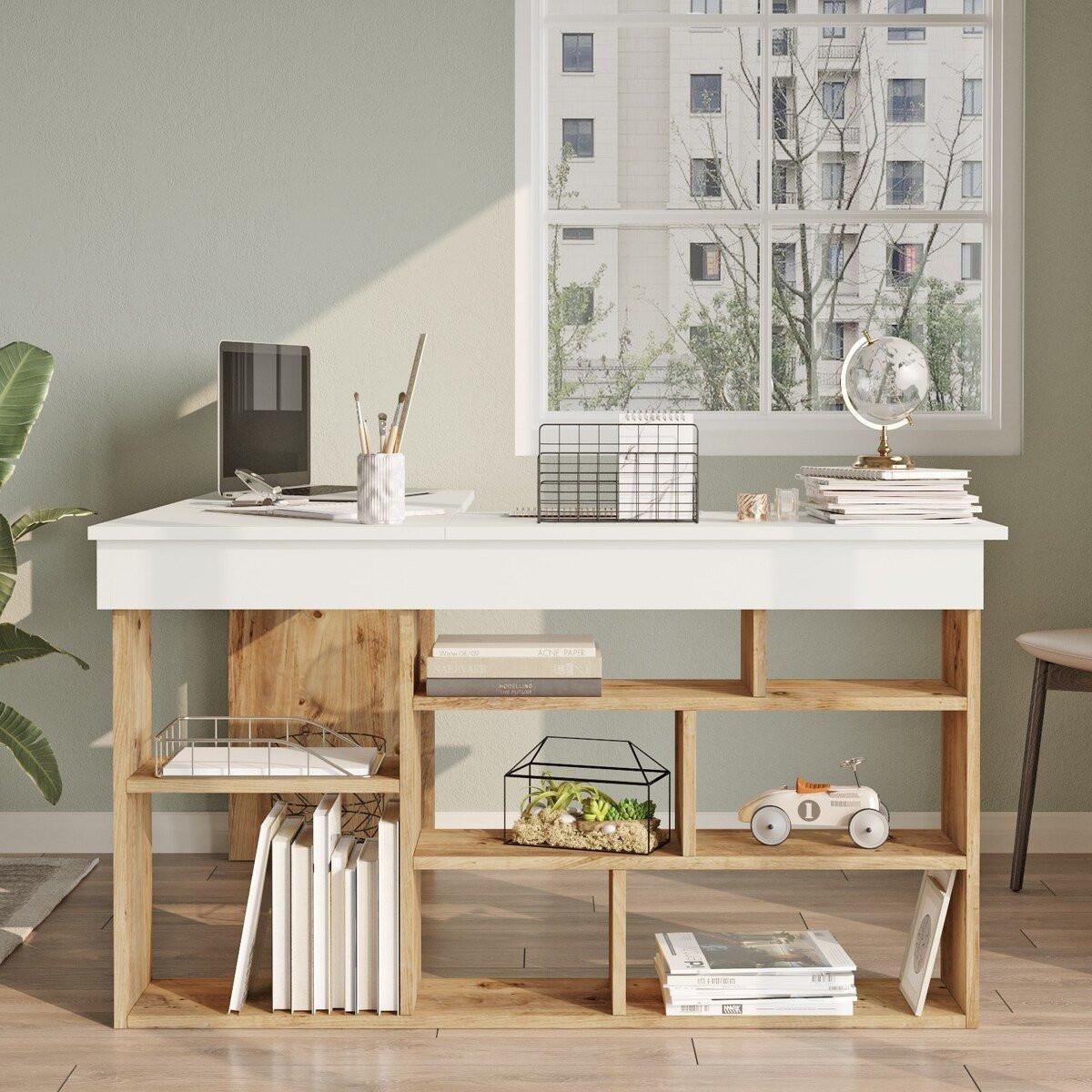 SCHREIBTISCH mit Aufbewahrungsregalen Holzdekor Kiefer 129/120/72 cm - Apfelbaumfarben, Holz/Holzwerkstoff (129/120/72cm) - Calicosy