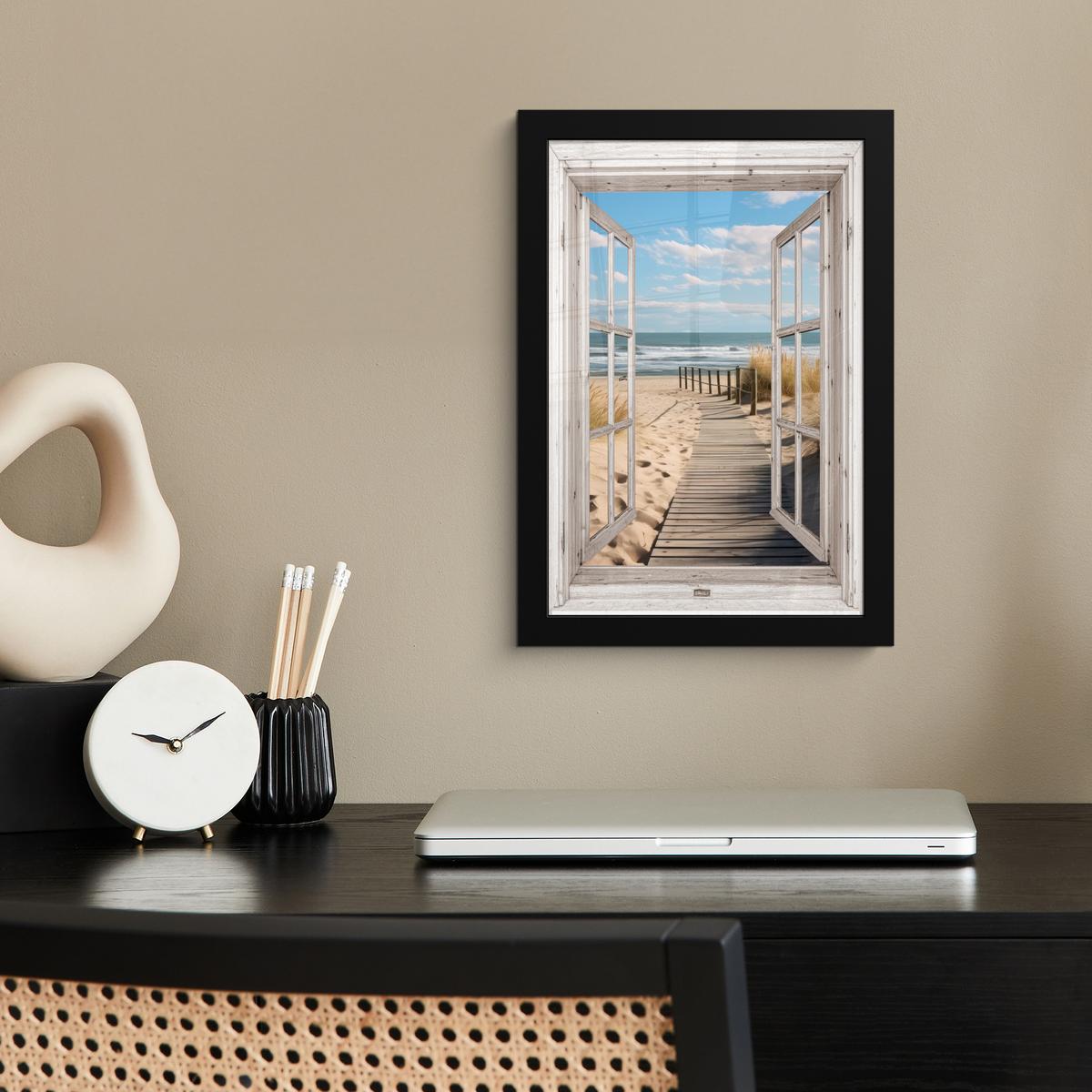 POSTER MIT RAHMEN Fenster - Meer - Küste - Natur - Ausblick - Strand - Wattenmeer Poster 20x30 cm - Beige, Papier (20/30cm) - MuchoWow