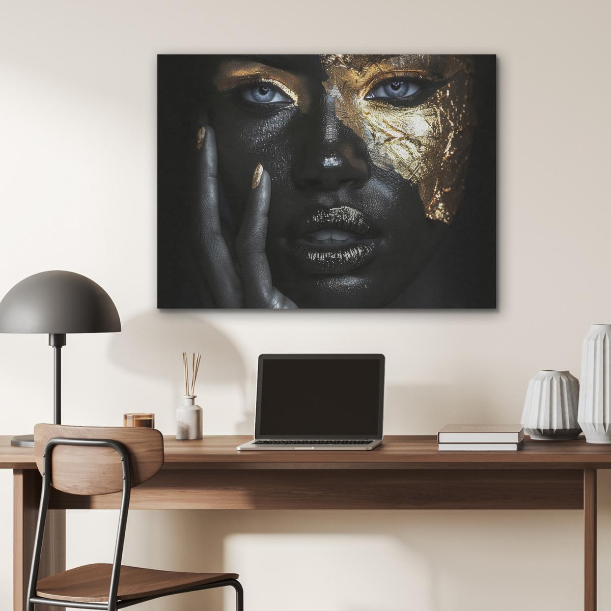 AKUSTIKBILD Frau - Gold - Porträt - Schwarz-Weiß - Luxus Gemälde 80x60 cm - Hellblau, Kunststoff (80/60/0.9cm) - MuchoWow