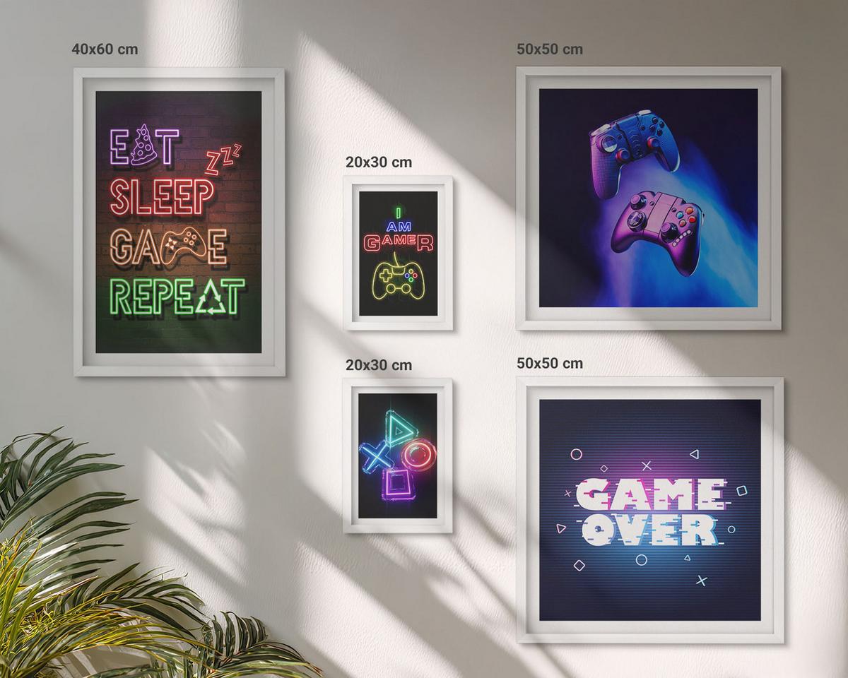 BILDER SET 5er Set - 50x50 cm & 20x30 cm & 40x60 cm Weißer Rahmen - Gamepads, Spielersymbol-Untertitel - Weiß, Kunststoff (40/60cm) - TULUP