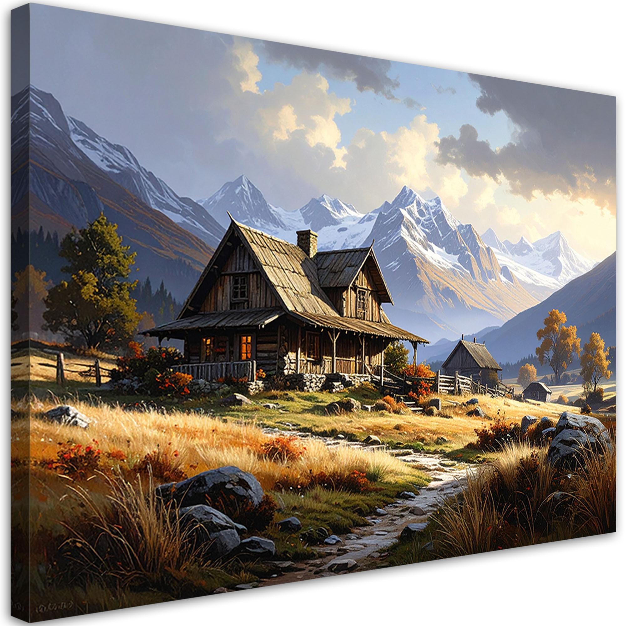 LEINWANDBILD, Berglandschaft Häuschen Natur - Multicolor, Textil (60/40cm) - Feeby