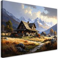LEINWANDBILD, Berglandschaft Häuschen Natur - Multicolor, Textil (90/60cm) - Feeby