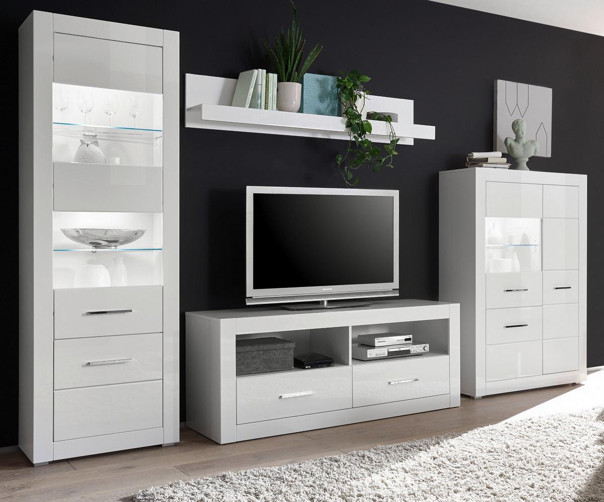 WOHNWAND weiß Hochglanz 4-teilig 335 cm, Wohnkombination mit viel Stauraum - Chromfarben/Weiß Hochglanz, Glas/Holzwerkstoff (335/198/45cm) - Furn.Design