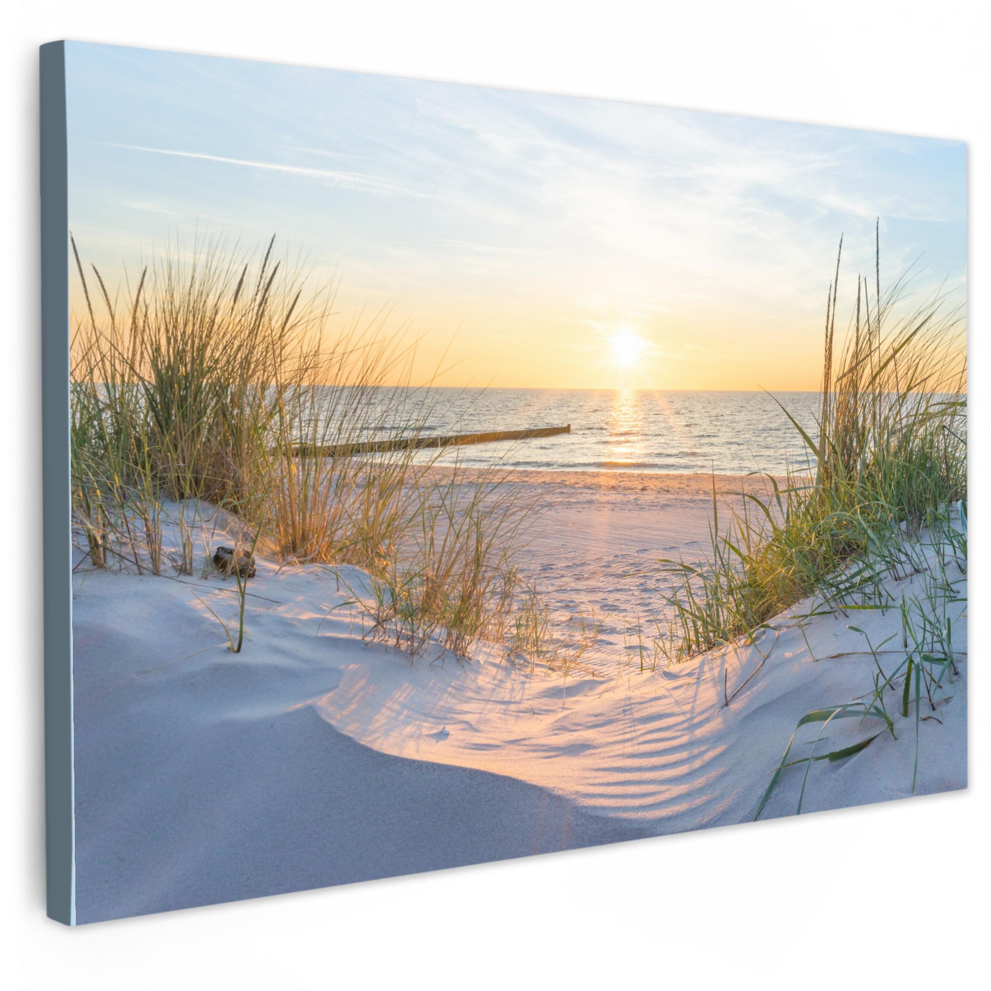 LEINWANDBILD Strand - Sonne - Düne - Gras - Sand - Horizont Groß 140x90 cm - Hellblau, Textil (140/90cm) - MuchoWow