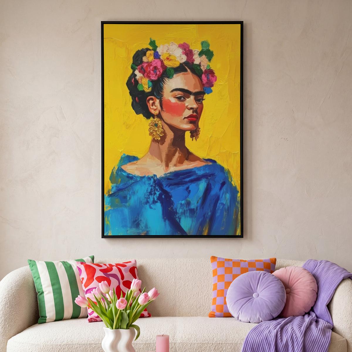 LEINWAND Bilder mit Rahmen - Frida Kahlo - Frau - Gelb - Blau - Blumen - 90x140 - Gelb, Textil (90/140cm) - MuchoWow