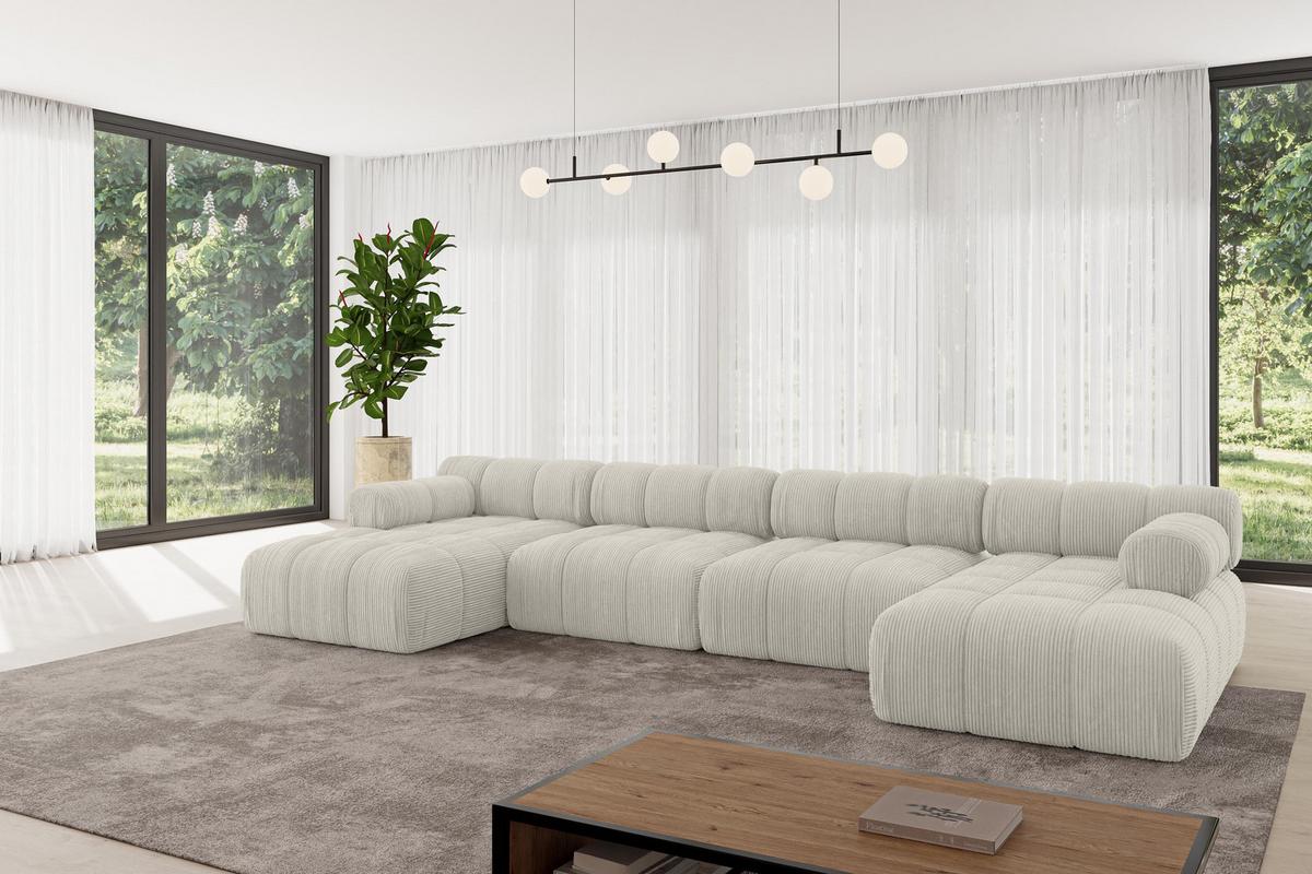 WOHNLANDSCHAFT modulares Sofa Tesso-U2 - 380x160x70 cm Creme Cord - Hellgrau/Creme, Holzwerkstoff/Textil (380/70/160cm) - ALTDECOR