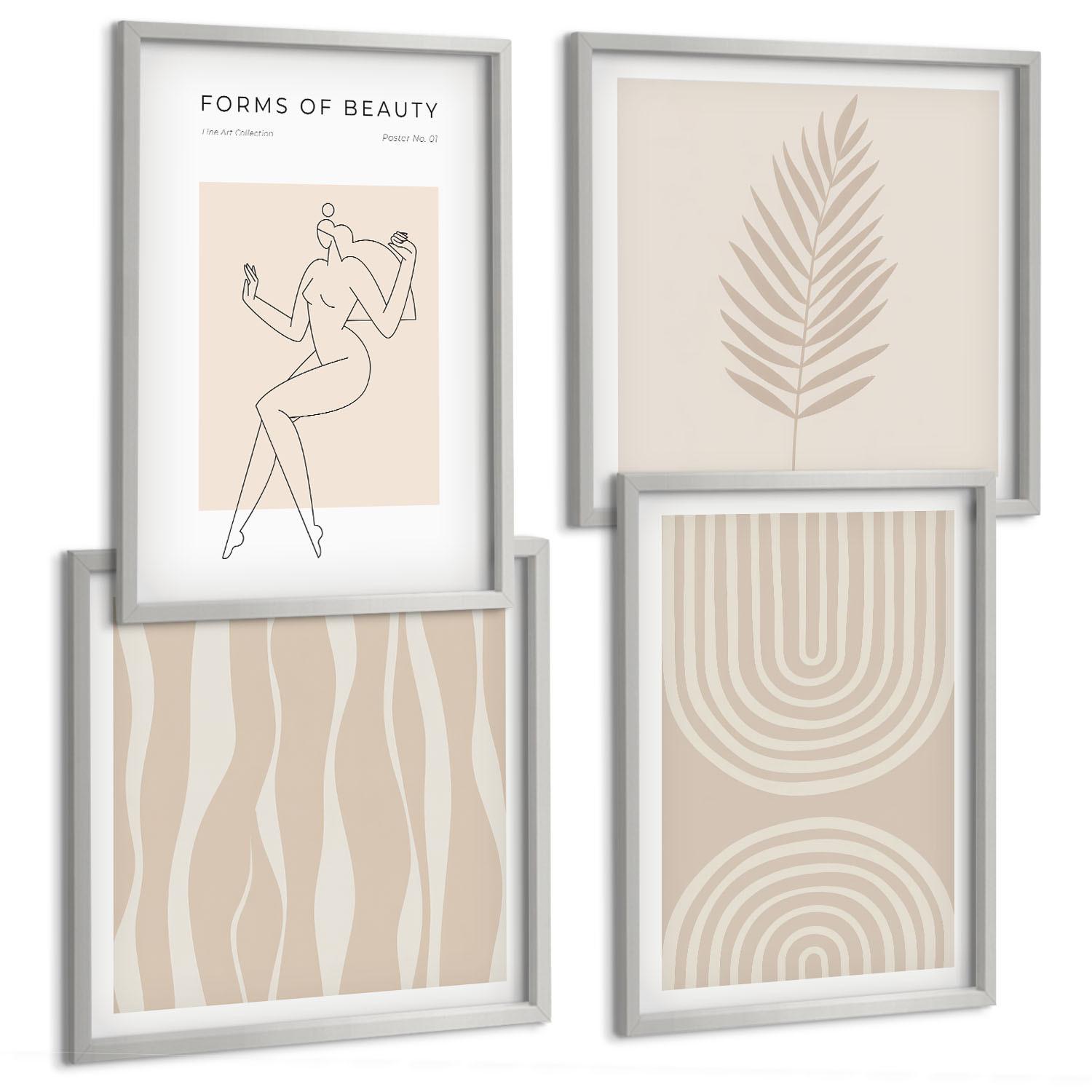 BILDER SET 4er Set - 50x50 cm & 40x60 cm Silberner Rahmen - Abstrakte Boho-Dekorationen - Silberfarben, Kunststoff (50/50cm) - TULUP
