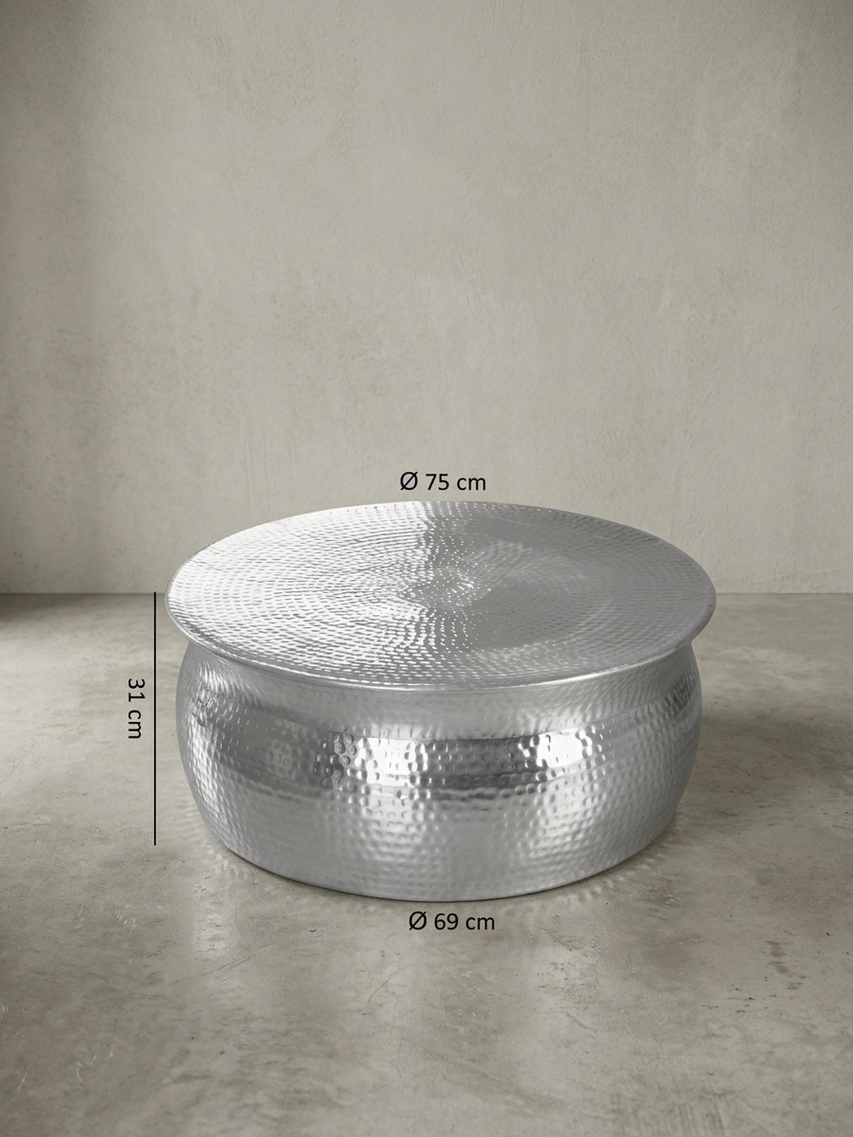 COUCHTISCH Orient Handgefertigt Hammerschlag-Aluminium Großzügige Ablagefläche, Silber 75x75x31 cm - Silberfarben, Metall (75/75/31cm) - KADIMA DESIGN