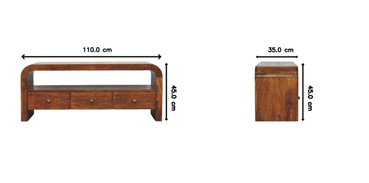 TV-MÖBEL Darcy Kastanie, 3 Schubladen und Offenes Regal, Dunkelbraun - Dunkelbraun/Messingfarben, Holz/Metall (110/45/35cm) - Artisan Furniture