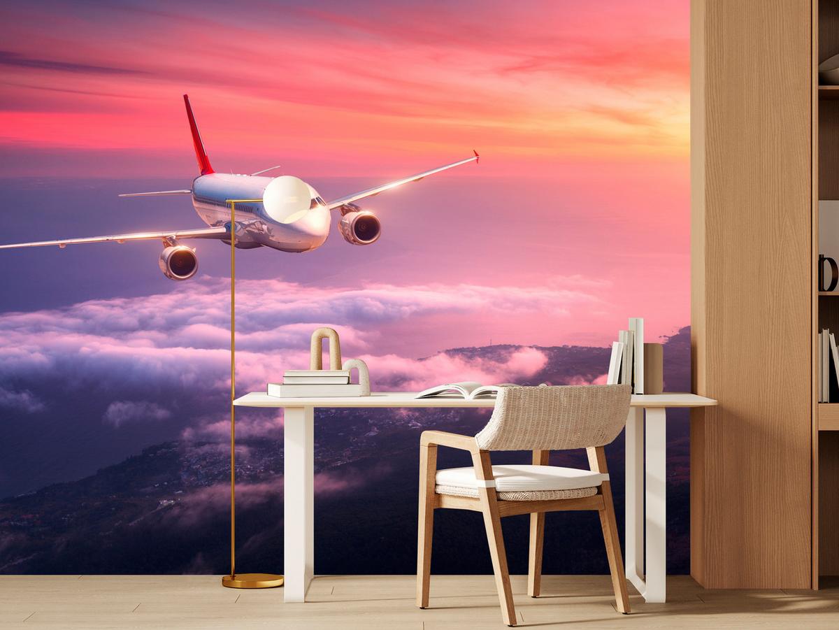 FOTOTAPETE für Wohnzimmer Flugzeug Sonnenuntergang Wolken Himmel 150x105 - Gelb/Rot, Papier (150/105cm) - Muralo