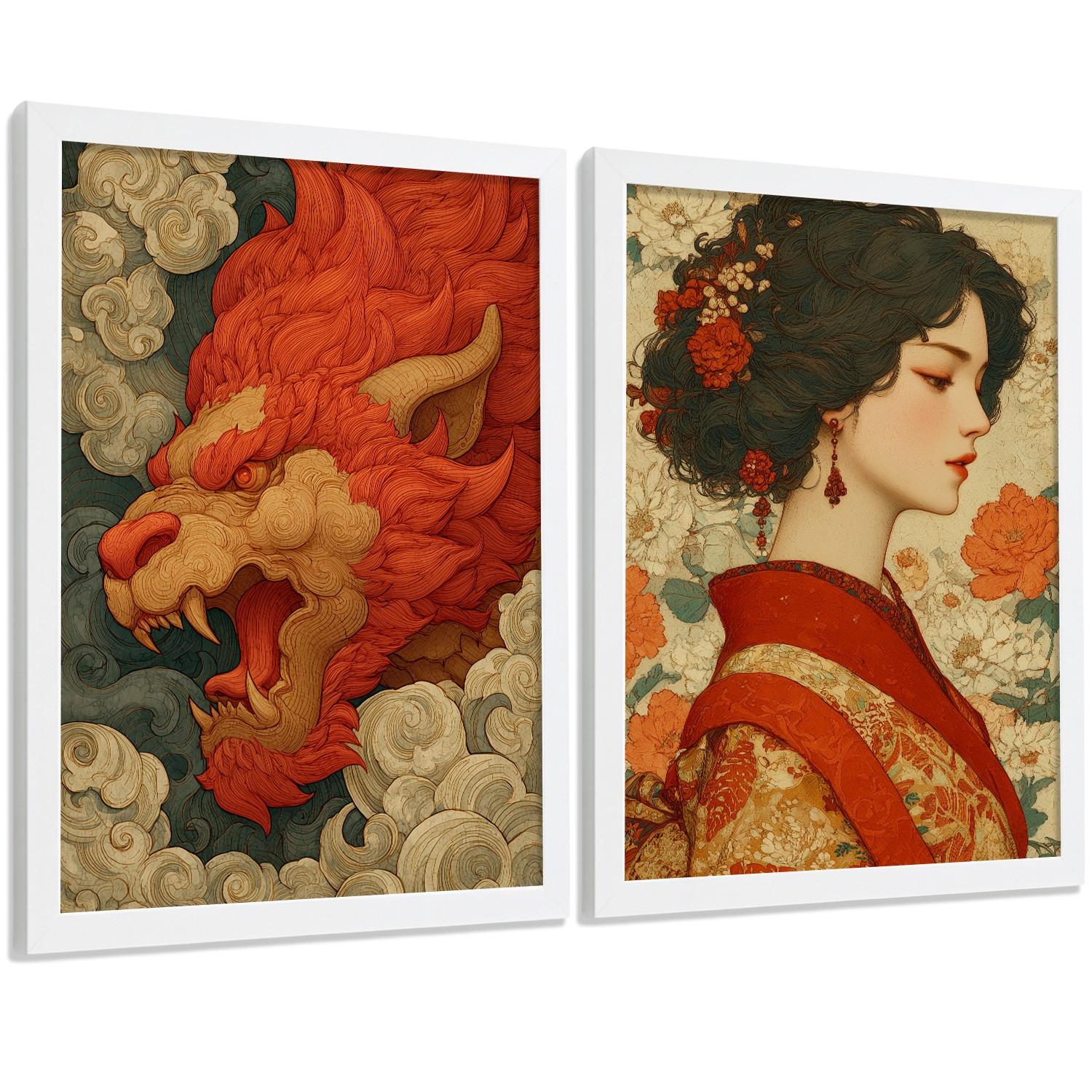 POSTER 2er-Set dekorative Badezimmer-Kunstdrucke, im japanischen Stil für Wand, Toilette mit orientalischem Drachen und Frau Weißer Rahmen A4 - Weiß, Papier (29.7/21/3cm) - Nacnic
