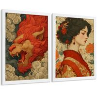 POSTER 2er-Set dekorative Badezimmer-Kunstdrucke, im japanischen Stil für Wand, Toilette mit orientalischem Drachen und Frau Weißer Rahmen A4 - Weiß, Papier (29.7/21/3cm) - Nacnic