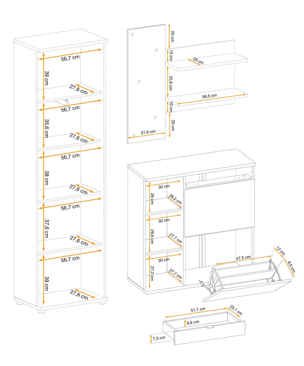 GARDEROBE Set 3-teilig Eiche Jackson, schwarz 170 cm, Garderobenkombination mit 3D-Lamellen - Eichefarben/Schwarz, Holzwerkstoff/Kunststoff (160/202/35cm) - Furn.Design