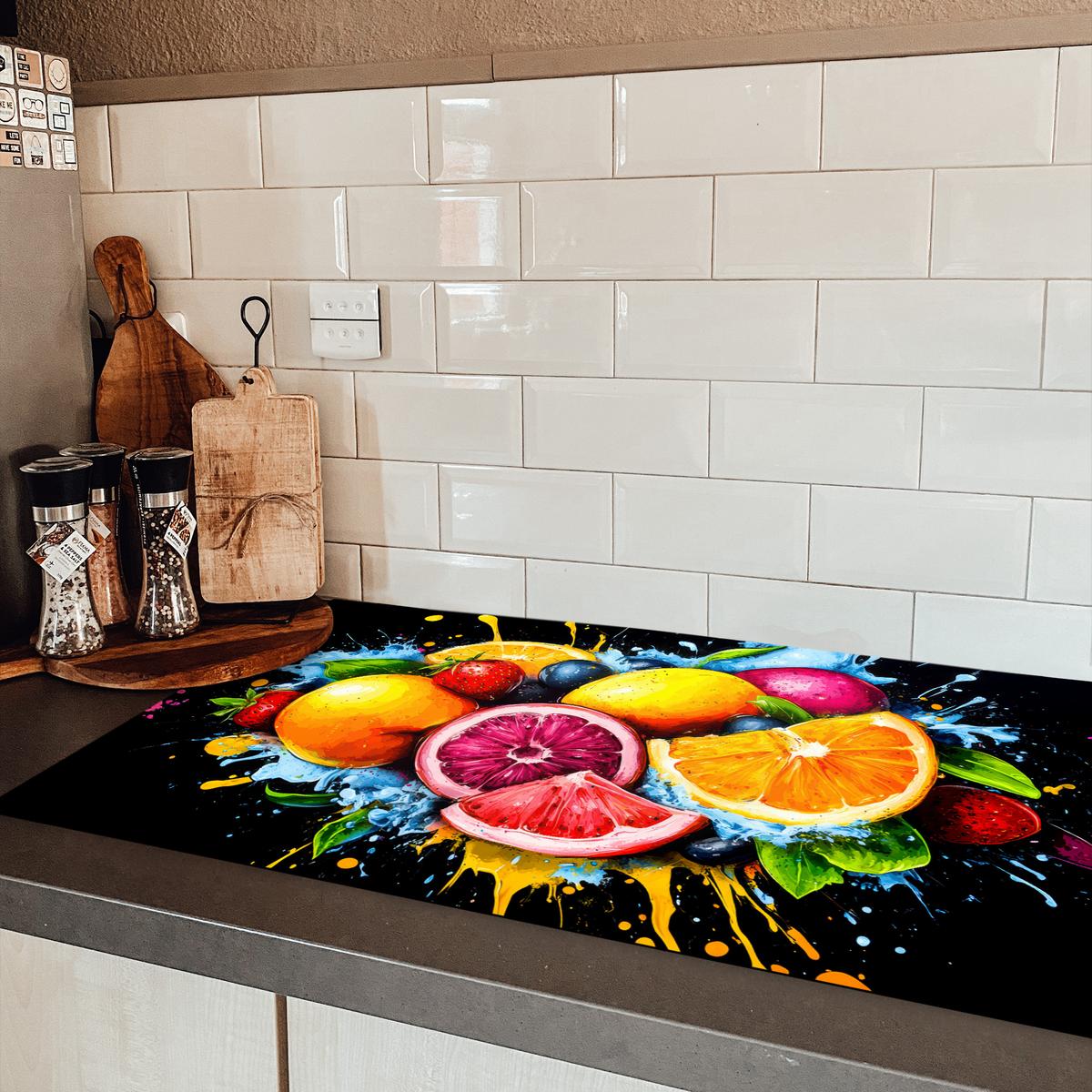 HERDABDECKPLATTE Obst - Graffiti - Bunt - Orange - Erdbeere - Abstrakt Induktionsschutz 91.6x52.7 cm - Orange, Kunststoff (91.6/52.7/0.2cm) - MuchoWow