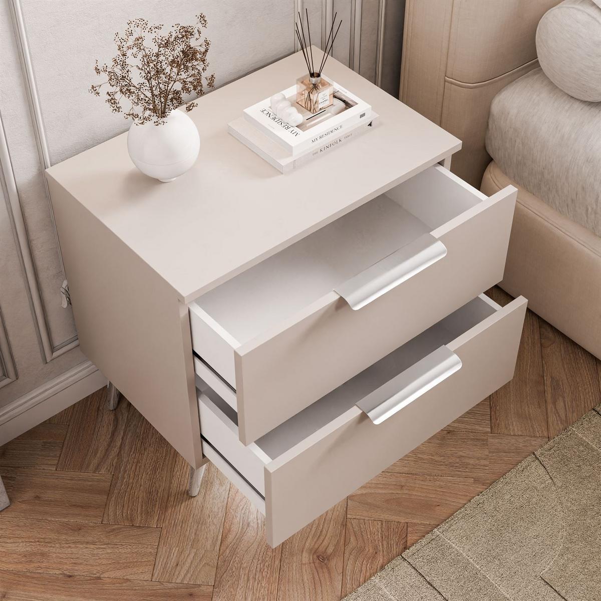 NACHTKOMMODE LINA KASCHMIR 2S auf schrägen Beinen LED silberne Griffe und Beine - Beige, Holzwerkstoff (55/55/37cm) - Lookway