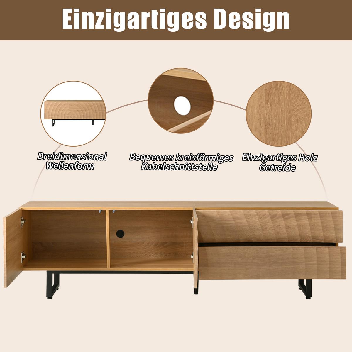 TV-SCHRANK 180 cm Natur Holzoptik mit 3D-Holzstruktur, Schubladen & Schrank - Naturfarben, Holzwerkstoff (180/51.5/38cm) - Urban Meuble