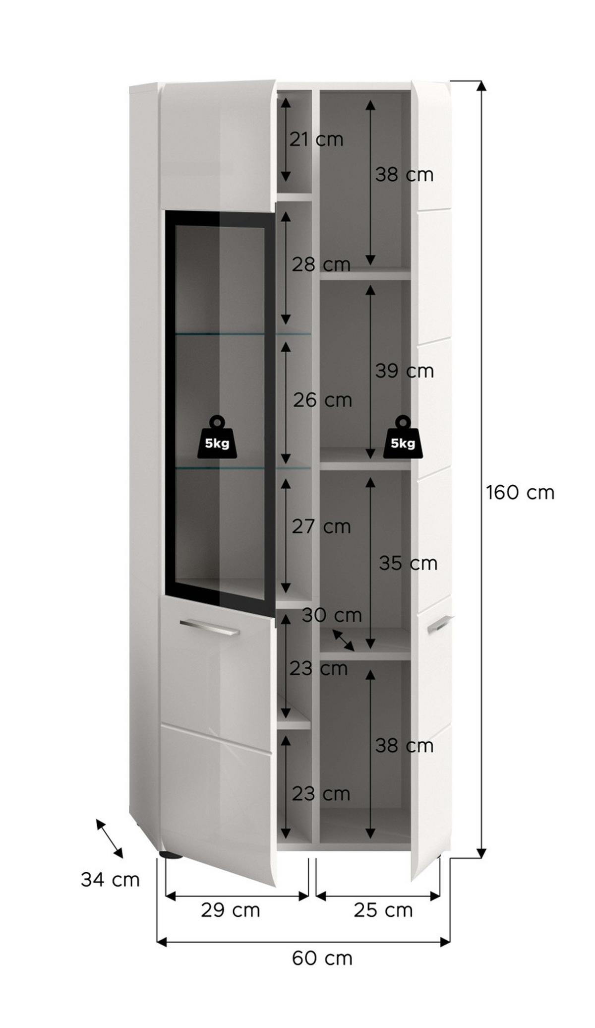 VITRINE weiß Hochglanz 60 x 160 cm, Vitrinenschrank mit 10 Fächern - Weiß Hochglanz/Silberfarben, Glas/Holzwerkstoff (60/160/34cm) - Inn.Furn