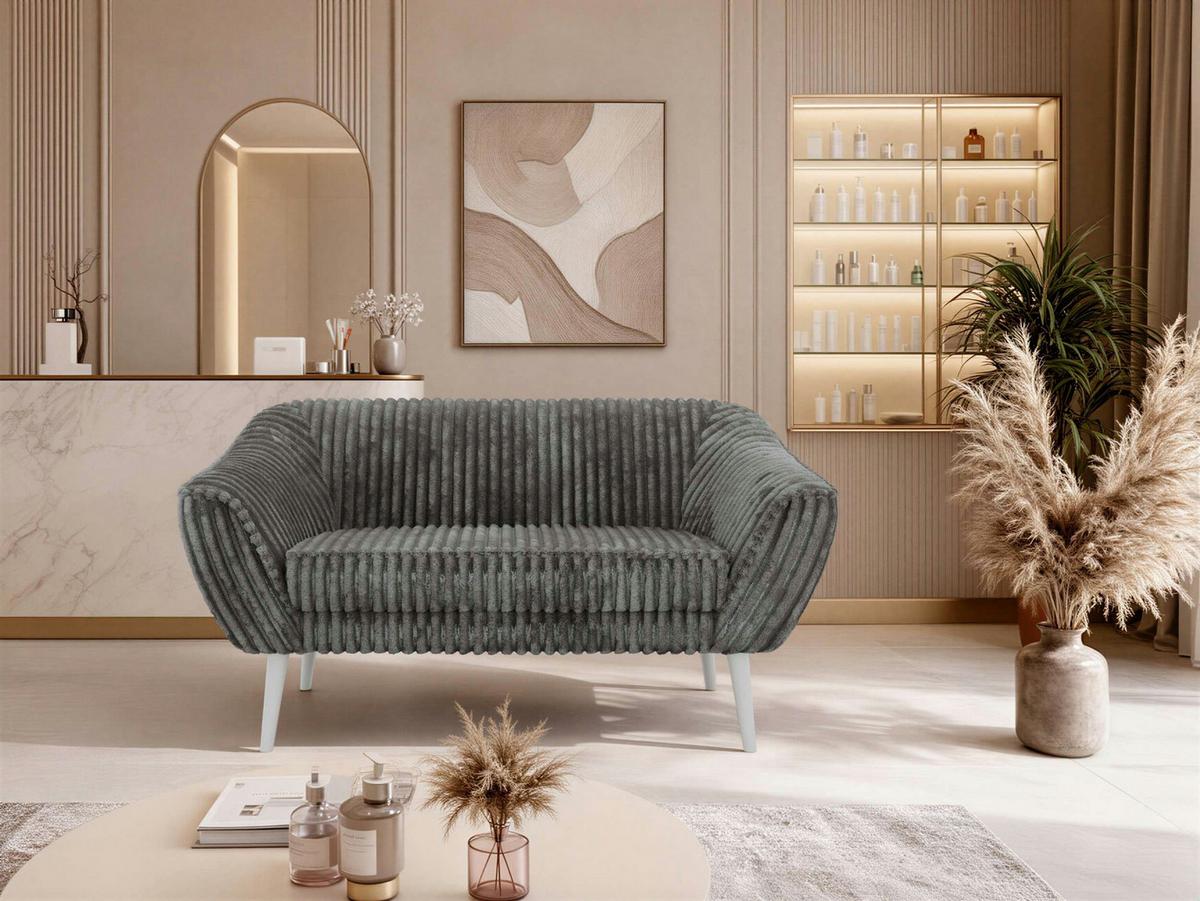 2-SITZER-SOFA PIRS - Grau Cord - Weiße Beine - Weiß/Grau, Holzwerkstoff/Textil (140/75/74cm) - MKS