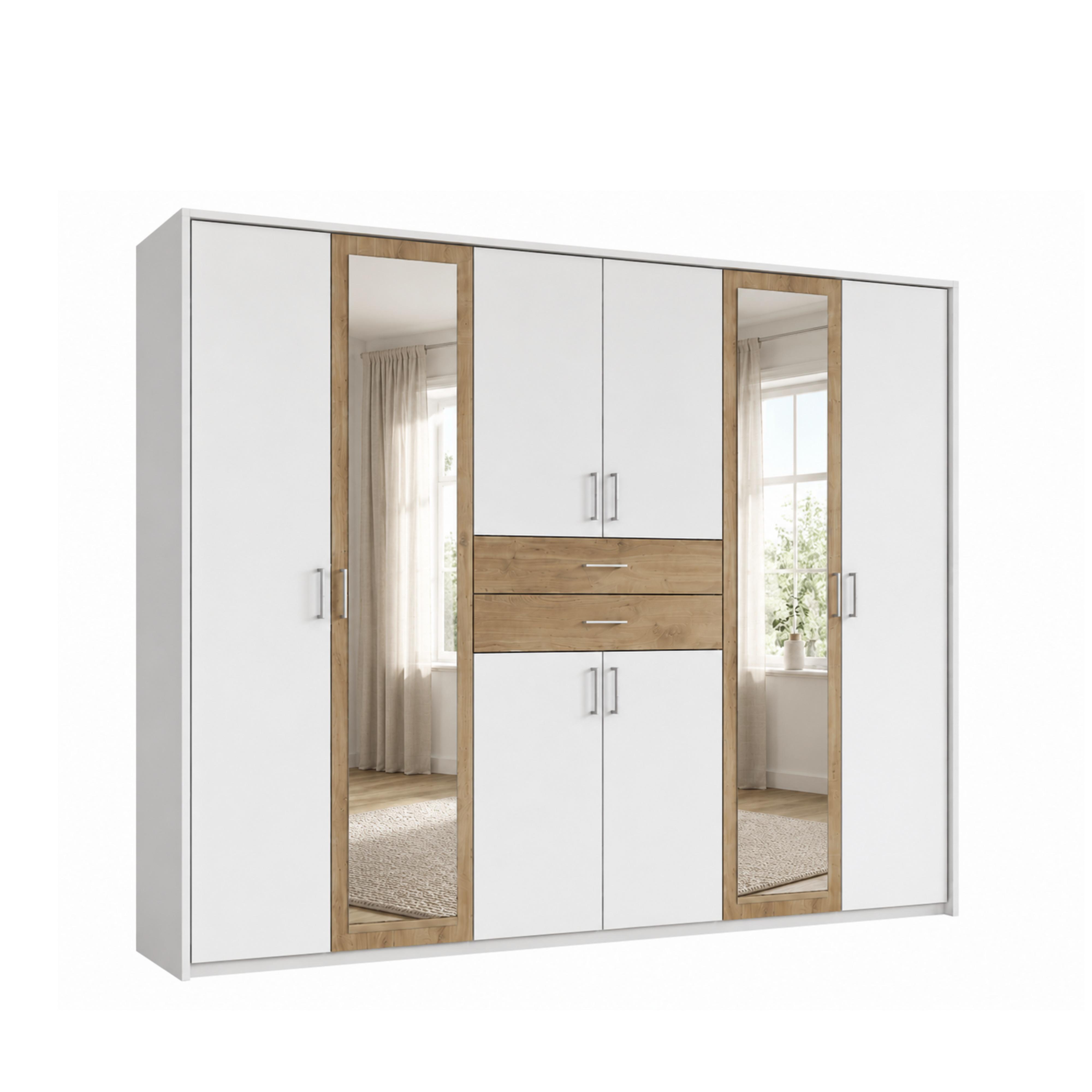 DREHTÜRENSCHRANK Kleiderschrank B273/H210/T58 cm mit Passepartout, Schubkästen & 2 Spiegeltüren, Weiß mit Absetzungen in Eiche Dekor / 22602 - Eichefarben/Silberfarben, Holzwerkstoff/Kunststoff (273/210/58cm) - luma-home