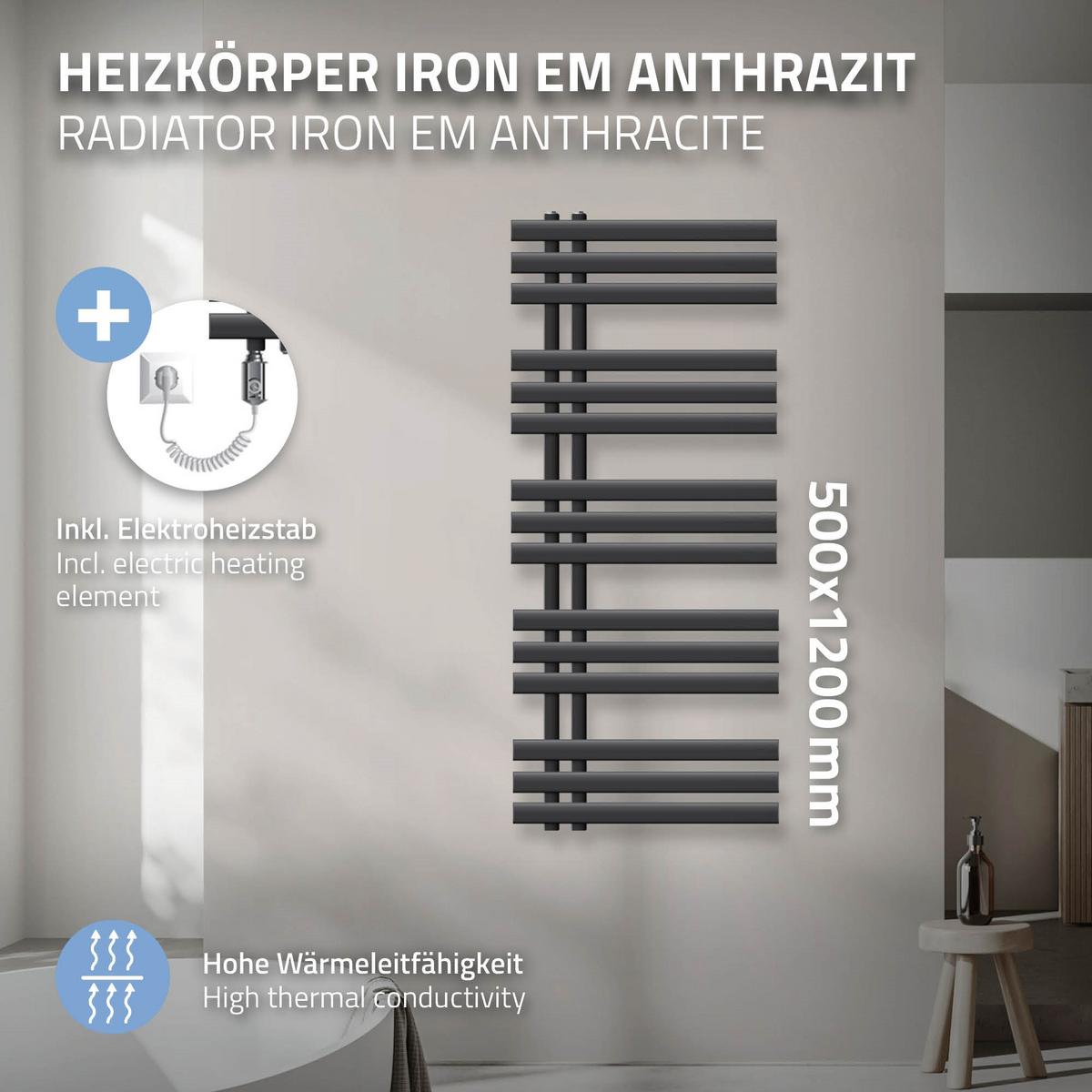 BADHEIZKÖRPER elektrisch Iron EM 500x1200 mm Anthrazit mit Heizstab 900W - Anthrazit, Metall (50/120/3cm) - LuxeBath