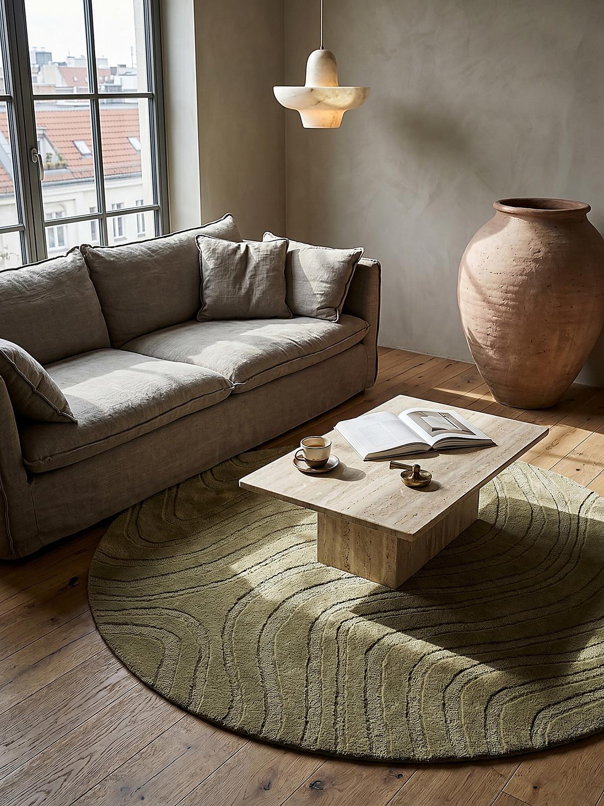 WOLLTEPPICH LEVEN, abstrakt, Olivegrün, Ø 160 cm - Grün, Textil (160/160cm) - KADIMA DESIGN