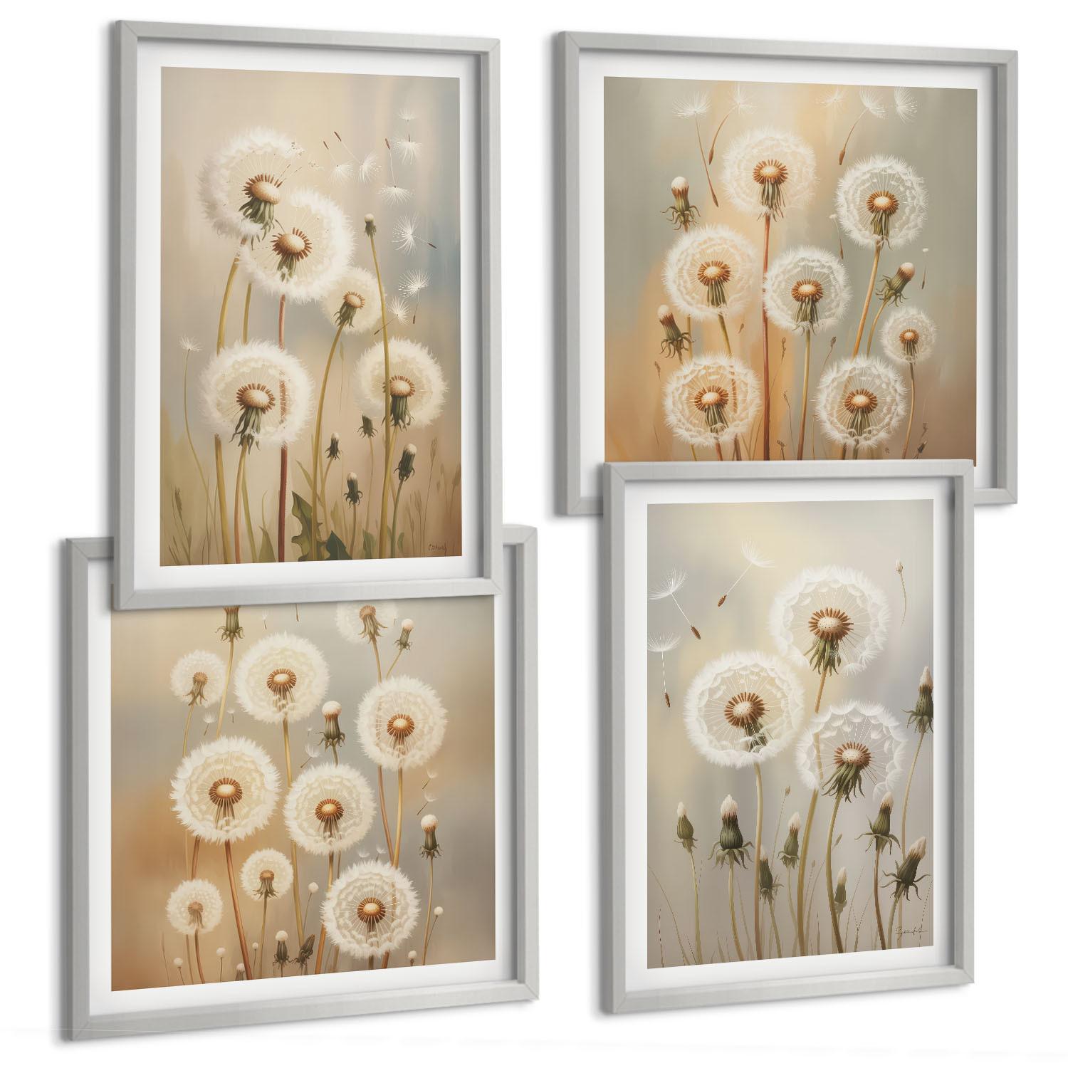 BILDER SET 4er Set - 50x50 cm & 40x60 cm Silberner Rahmen - Weiße Löwenzahnblüten auf hellem Hintergrund - Silberfarben, Kunststoff (50/50cm) - TULUP