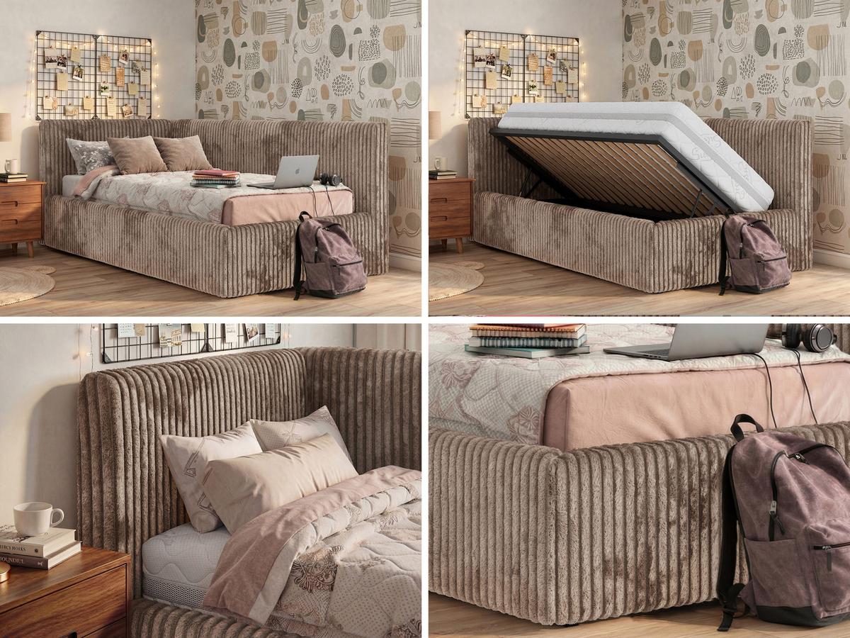 POLSTERBETT TILVO 90/200 - Braun Cord - Multitaschenfederkernmatratze - Links - Braun, Textil (90/200cm) - MKS