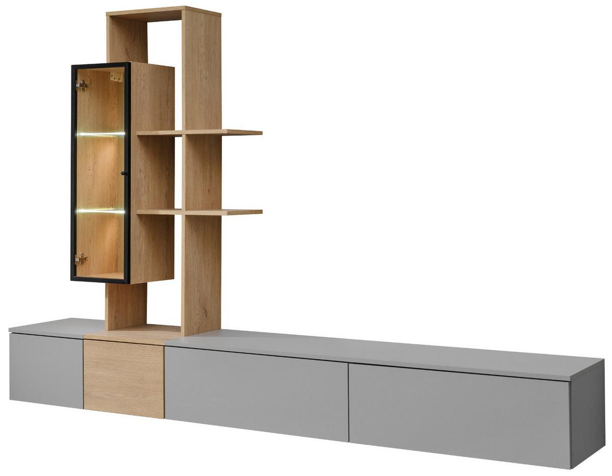 WOHNWAND Arktis-Grau, Cremona Eiche hängend 240 cm, Schrankwand mit LED und Push-to-Open - Eichefarben/Hellgrau, Glas/Holzwerkstoff (240/160/40cm) - Inn.Furn