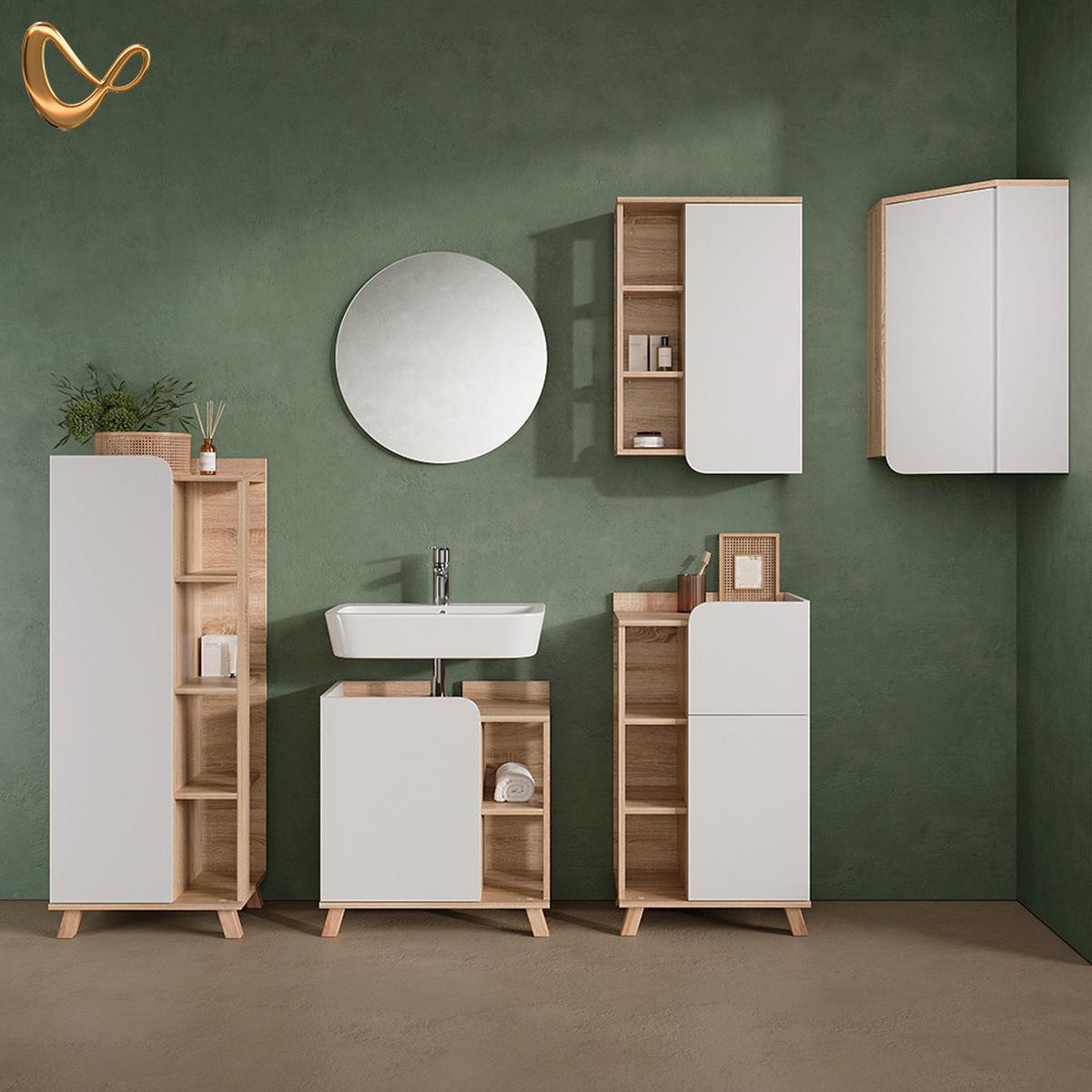 BADMÖBEL-SET Marano Sonoma/Weiß 6 Teile - Weiß/Sonoma Eiche, Holzwerkstoff (60/65/35cm) - Livinity®