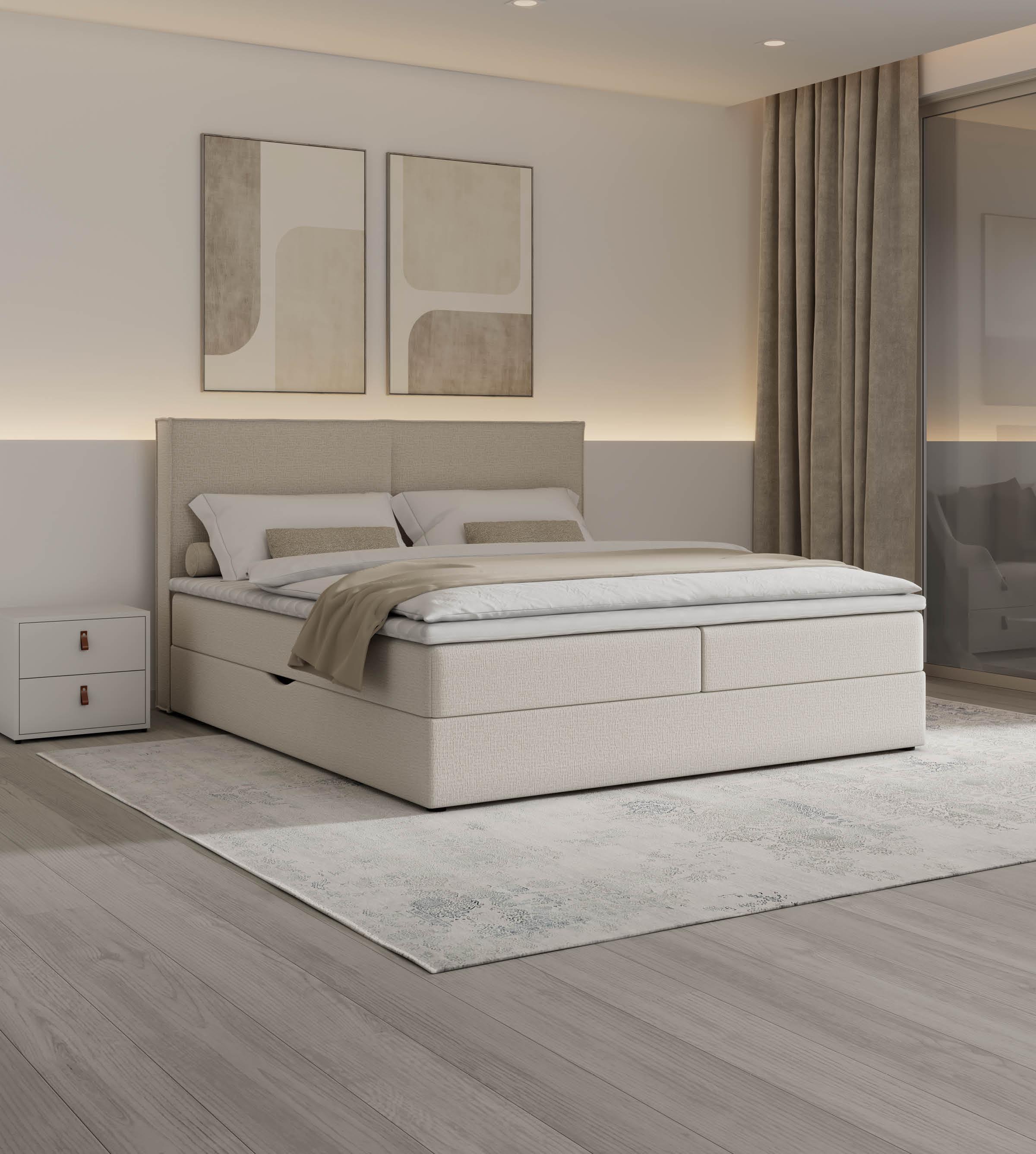 Beiges Bett mit weißem Nachtkästchen