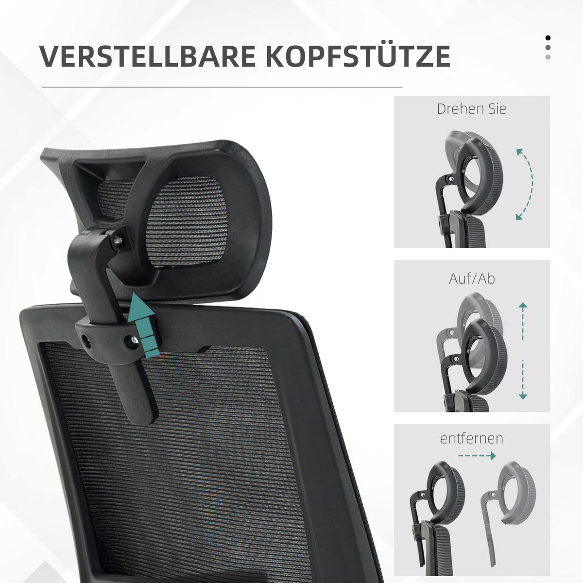 BÜROSTUHL Ergonomisch, Schreibtischstuhl mit Verstellbar Kopfstütze Mesh Schwarz - Schwarz, Textil (61/121.5/60cm) - Vinsetto