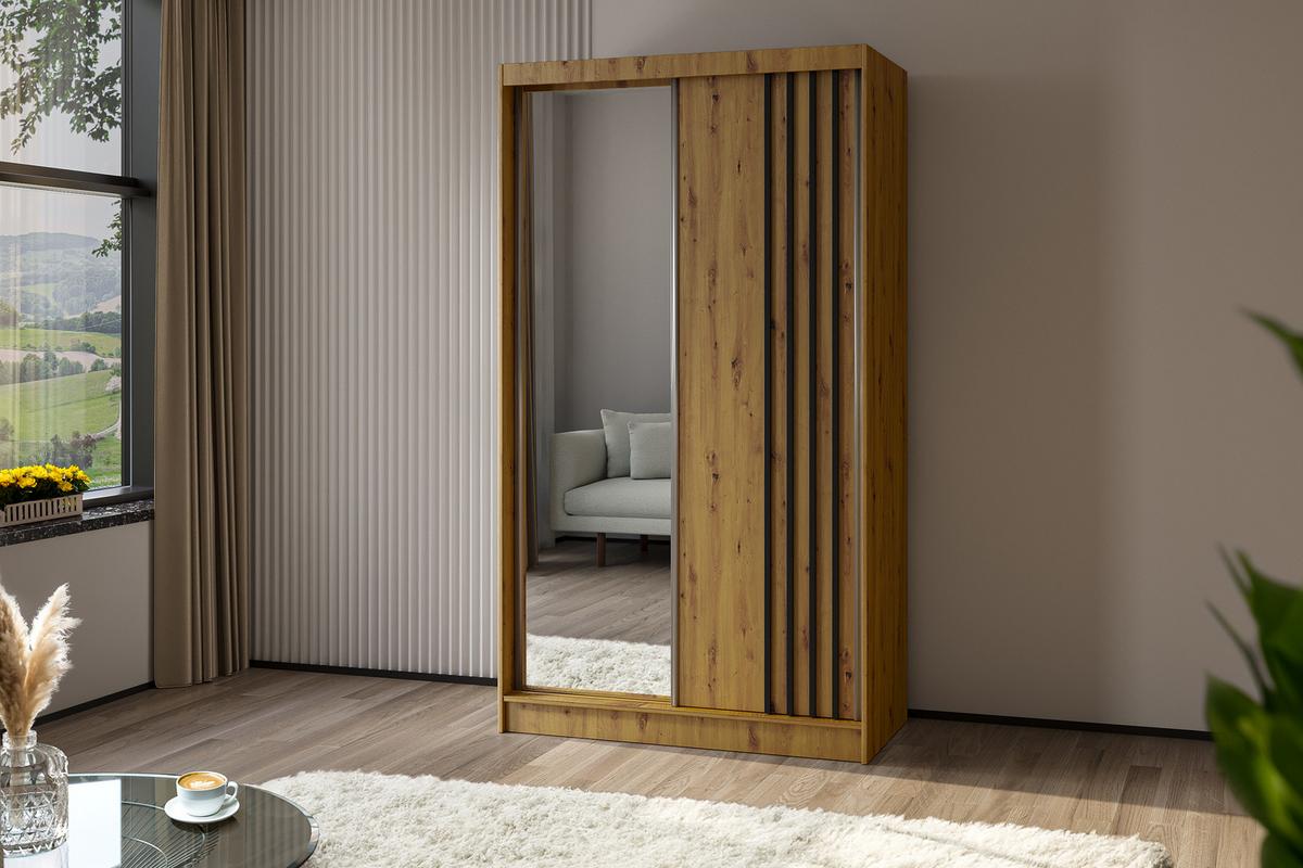 KLEIDERSCHRANK mit Spiegel-Schiebetüren und Aluminium-Leisten, LED-Beleuchtung - NALLA - 120 cm Artisan+Artisan+Schwarz - Schwarz/Eiche Artisan, Holzwerkstoff (120/216/61cm) - ALTDECOR