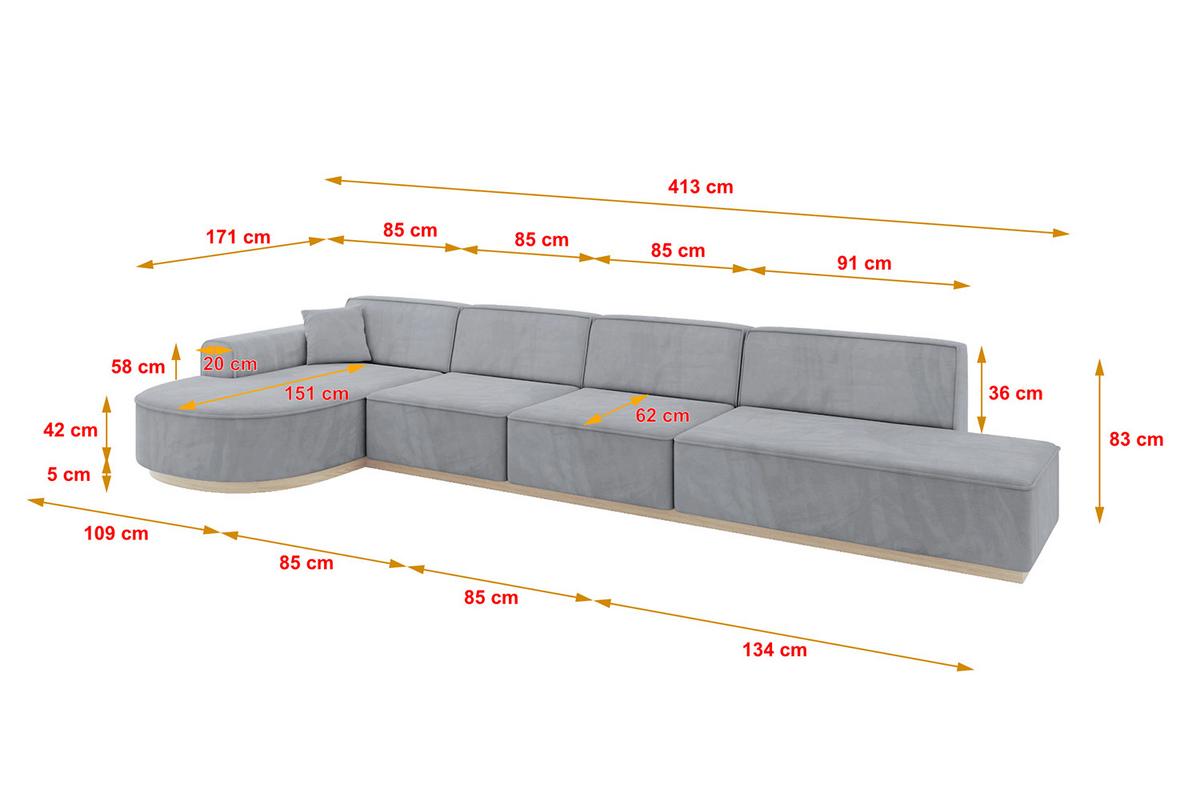 ECKSOFA Ottomane Links ARRIO-L3 - 413x171x83 cm Hellgrau - Grau, Holzwerkstoff/Textil (413/171cm) - ALTDECOR