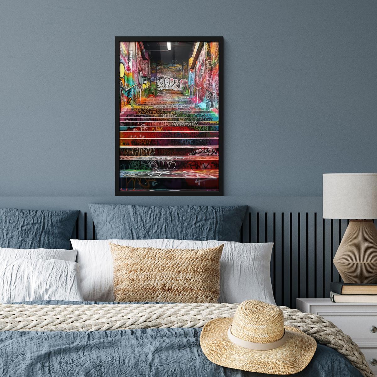 POSTER MIT RAHMEN Treppe - Graffiti - Farben - Kunst Bilder mit Rahmen 40x60 cm - Multicolor, Papier (40/60cm) - MuchoWow