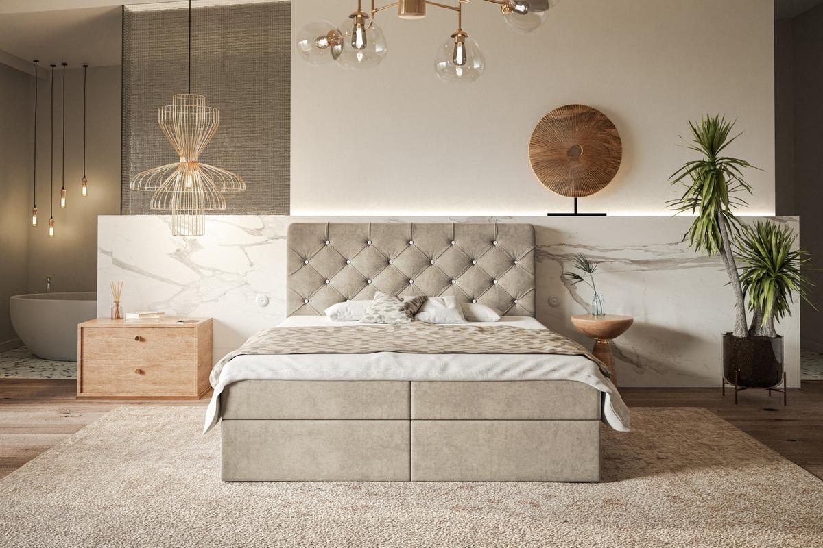 BOXBETT BOSTON mit 2 Bettkästen, 180x200, Farbe: Sand, Velourstoff, Doppelbett mit Bonell-Matratze - Sahara, Holz/Kunststoff (180/200cm) - Alpi-Möbel