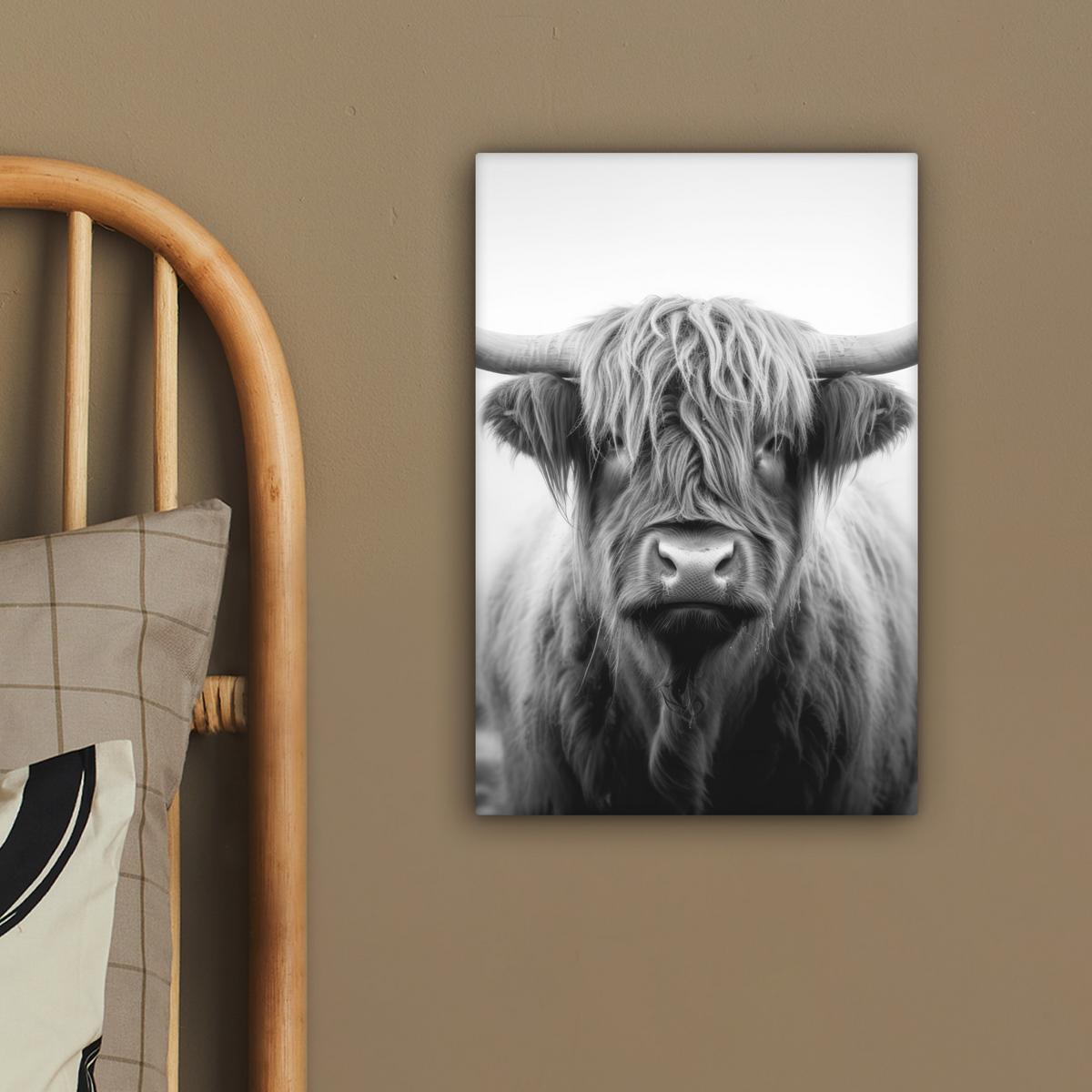 LEINWANDBILD Schottischer Highlander - Nebel - Schwarz - Weiß Deko Wohnzimmer 20x30 cm - Grau, Textil (20/30cm) - MuchoWow