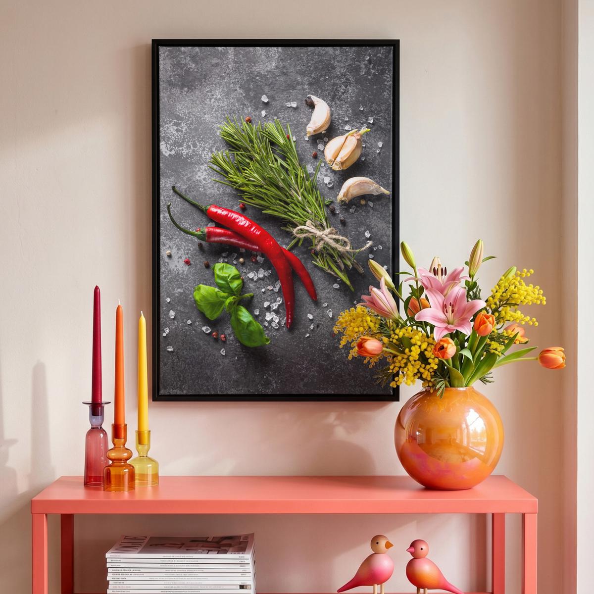 LEINWAND Bilder mit Rahmen - Pfeffer - Kräuter - Gewürze - Beton - 40x60 - Dunkelgrau, Textil (40/60cm) - MuchoWow