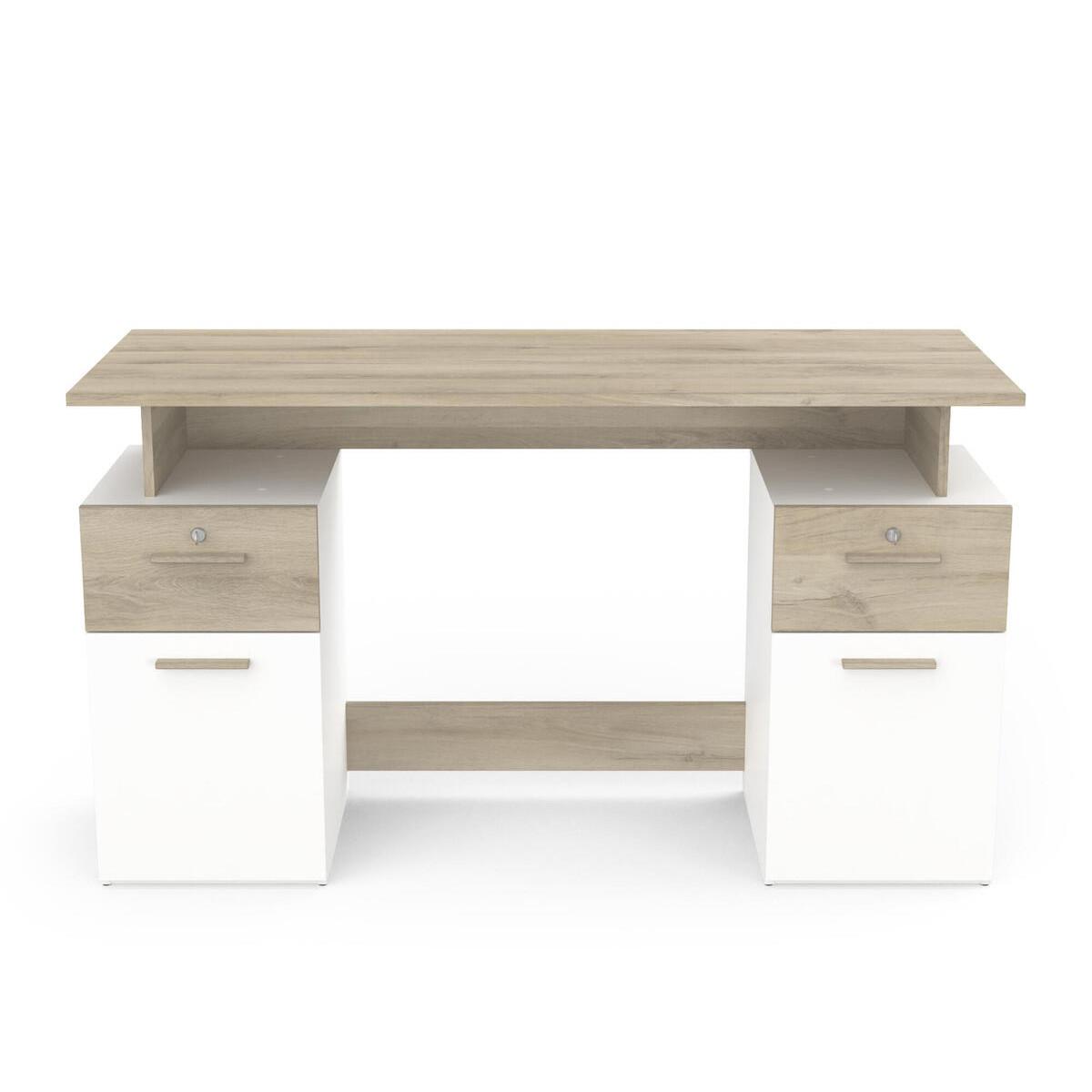 SCHREIBTISCH mit Doppelcontainer, in Holz und Weiß Dekor - L134,8 cm - Platon - Eichefarben/Weiß, Holzwerkstoff (56/55/76.4cm) - Calicosy