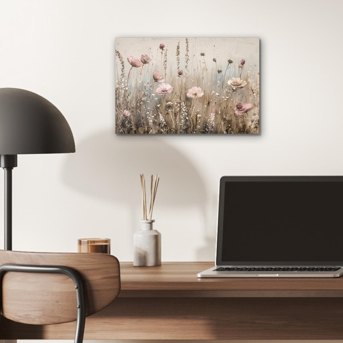 METALLBILD Blumen - Rosa - Modern - Beige 30x20 cm - Beige, Metall (30/20cm) - MuchoWow