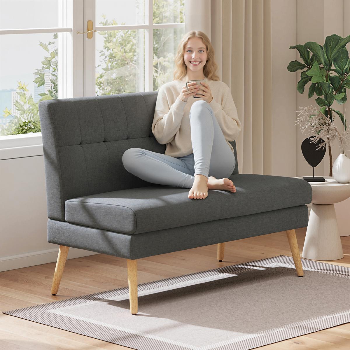 SOFA 2 Sitzer Couch mit Leinenoptik, Getuftete Rückenlehne, Dunkelgrau - Dunkelgrau/Naturfarben, Holz/Textil (68/90/118cm) - HOMCOM