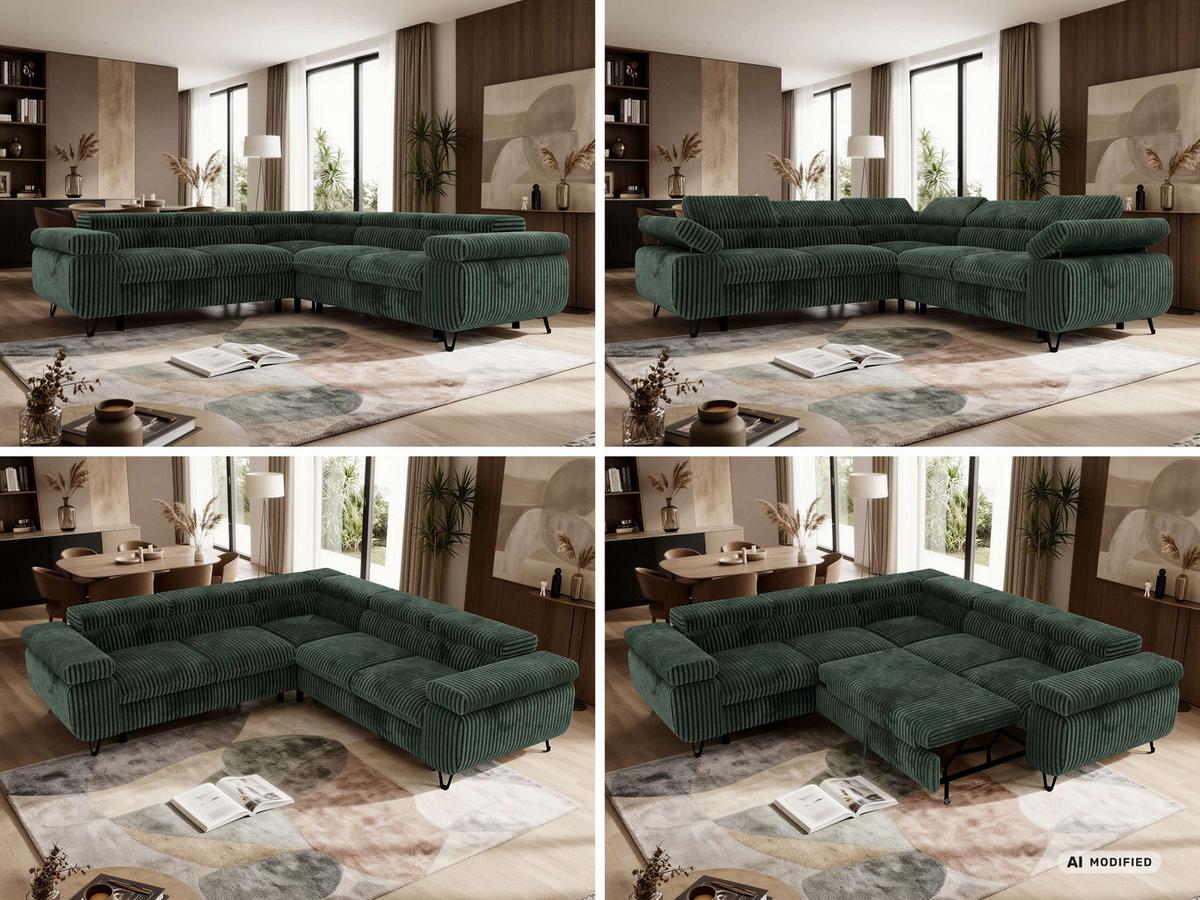ECKSOFA QUADRO L - Dunkelgrün Cord - Links Seite - Dunkelgrün/Schwarz, Textil/Metall (269/269cm) - MKS