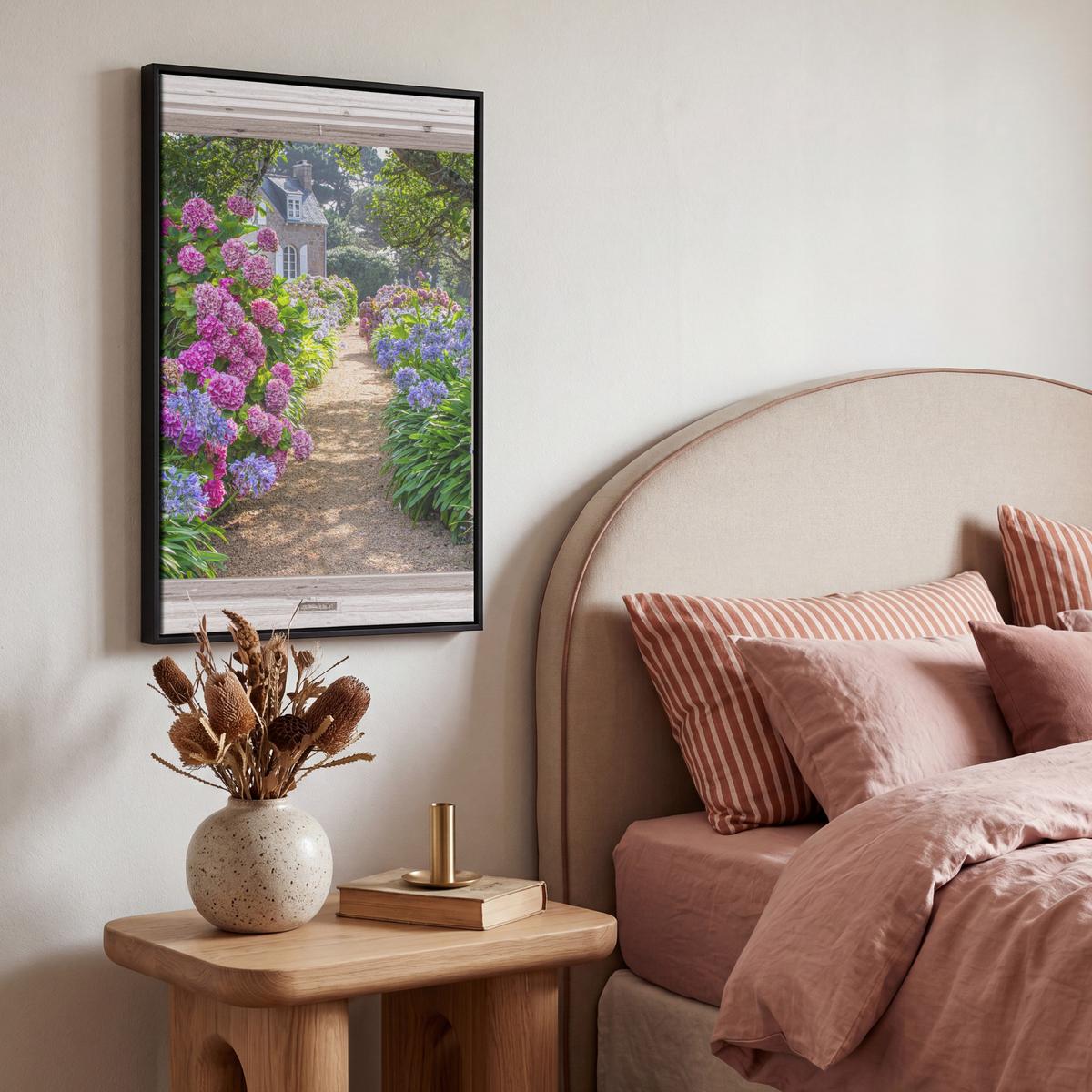 LEINWAND Bilder mit Rahmen - Hortensie - Durchsichtig - Blumen - Sommer - Lila - Weg - 40x60 - Lila, Textil (40/60cm) - MuchoWow