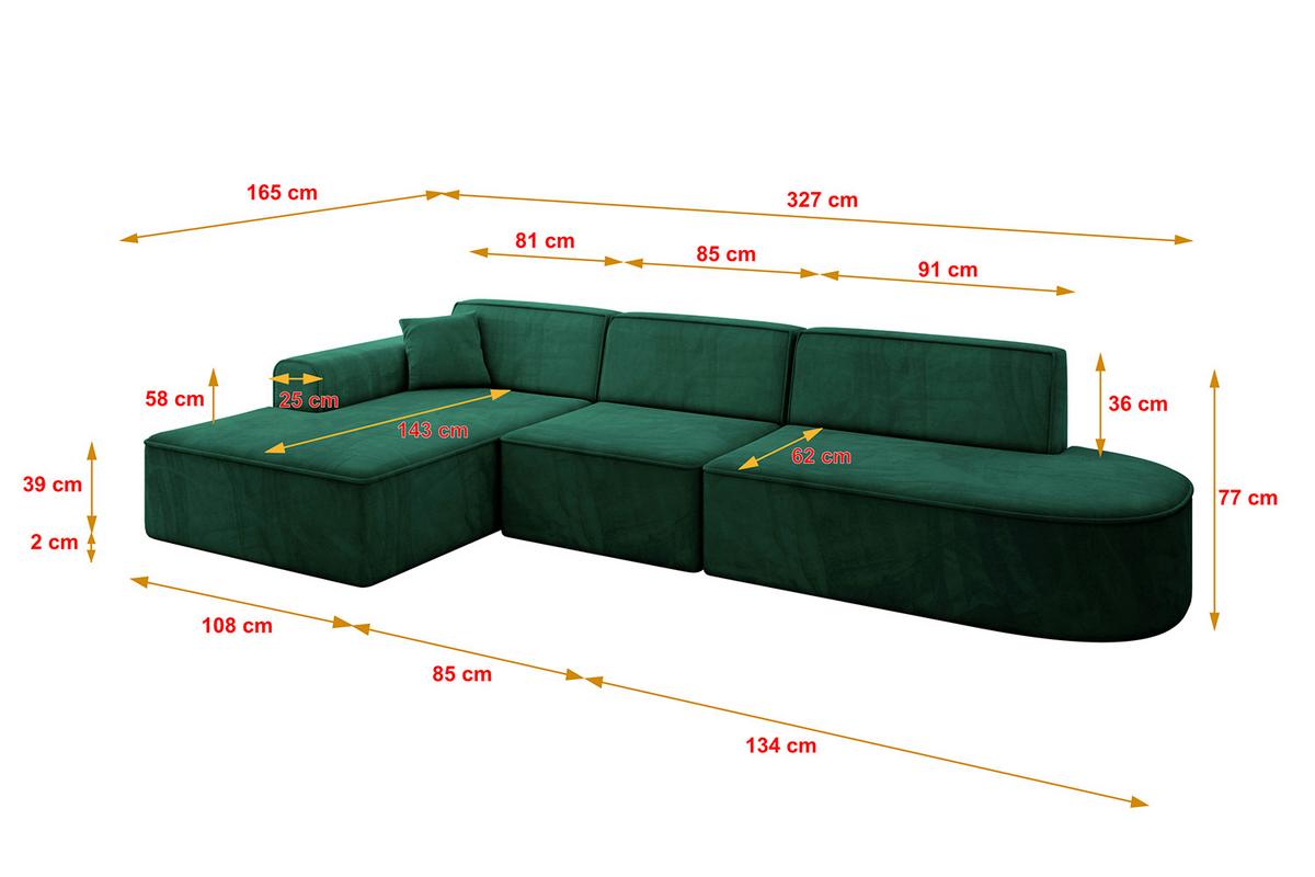 ECKSOFA Ottomane Links IREA-L2-v3 - 327x165x77 cm Grün - Dunkelgrün, Holzwerkstoff/Textil (327/165cm) - ALTDECOR