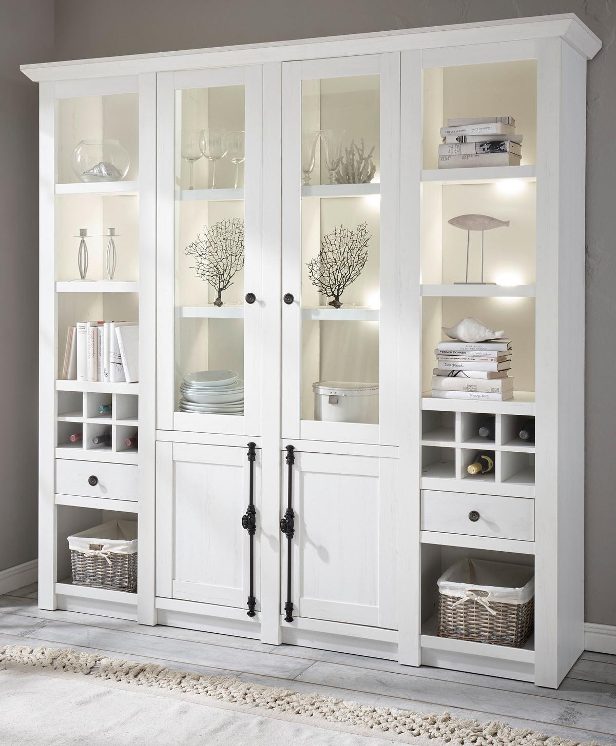 BUFFETSCHRANK weiß Pinie Landhaus, Vitrinenschrank mit Weinregal 194 x 207 cm - Anthrazit/Weiß, Holzwerkstoff/Metall (194/207/45cm) - Furn.Design